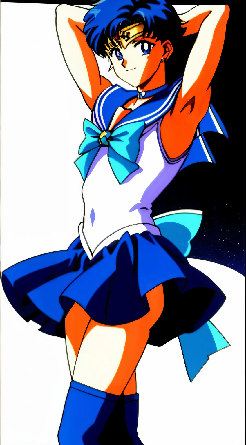 highest quality anime art、masterpiece、high definition anime art、アニメstyle8K、High resolution、a boy is standing、boy with very short blue hair、jewelry、blue eyed boy、golden circlet、earrings、solo、strong muscles、sailor warrior uniform、muscular and strong、white gloves、elbow bag、blue choker、blue heel boots、white leotard、high leg leotard、white dress、blue sailor collar、sky blue bow tie、mini skirt、pleated skirt、blue skirt、muscular man、smile、bare shoulders、bare legs、Hymn to the King as a Prince, retro anime images、Full body close-up shot、anime dick. rogue anime boy、soft lighting、male focus、(1990s\(style\)0.9)、