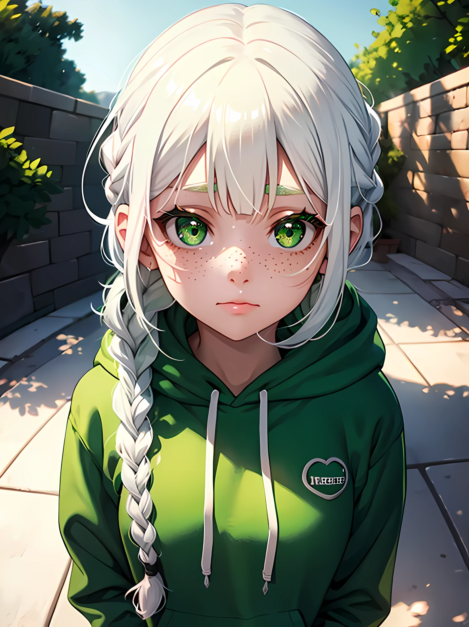 1girl, two braids white hair, green eyes, wearing green hoodie, green sweats, freckles, cute face