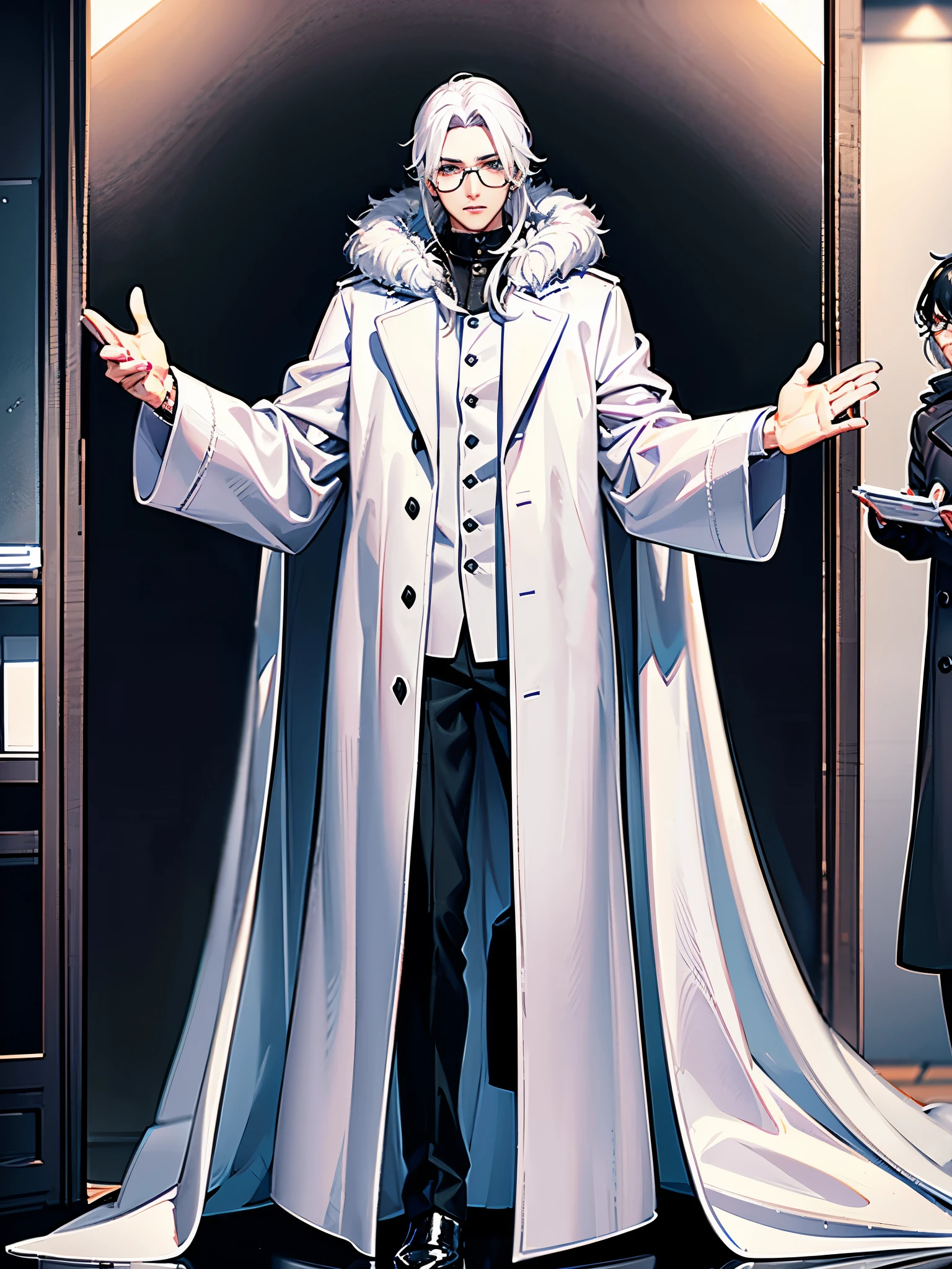 There is a man taking pictures in the mirror, black hair,long coat, he wears a big coat, ( ( wearing a long coat ) ), white fur, With white fluffy fur, long coat, wearing fur coat,Wearing a white winter coat, wearing a fur coat, Wearing an old white coat, Ruan Jia style with glasses,Cold expression,excellent work