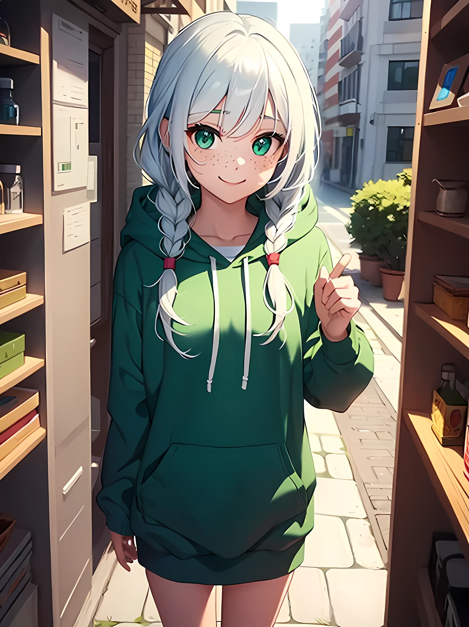 1girl, two braids white hair, green eyes, wearing green hoodie, green sweats, freckles, cute face, smile, full body