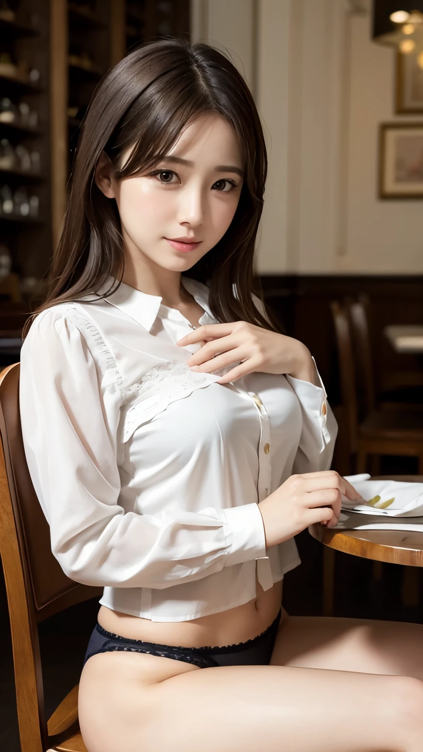 french restaurant、sit on a chair、Blouse for upper body、The lower body is only panties、butt focus