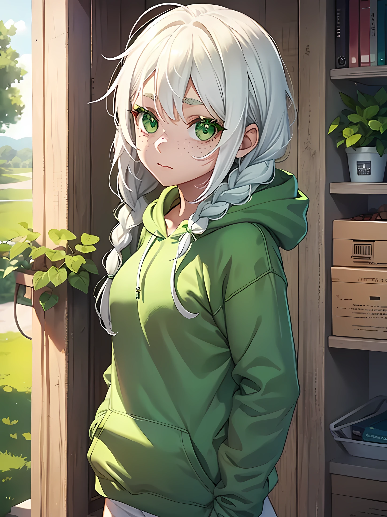 1girl, two braids white hair, green eyes, wearing green hoodie, green sweats, freckles, cute face