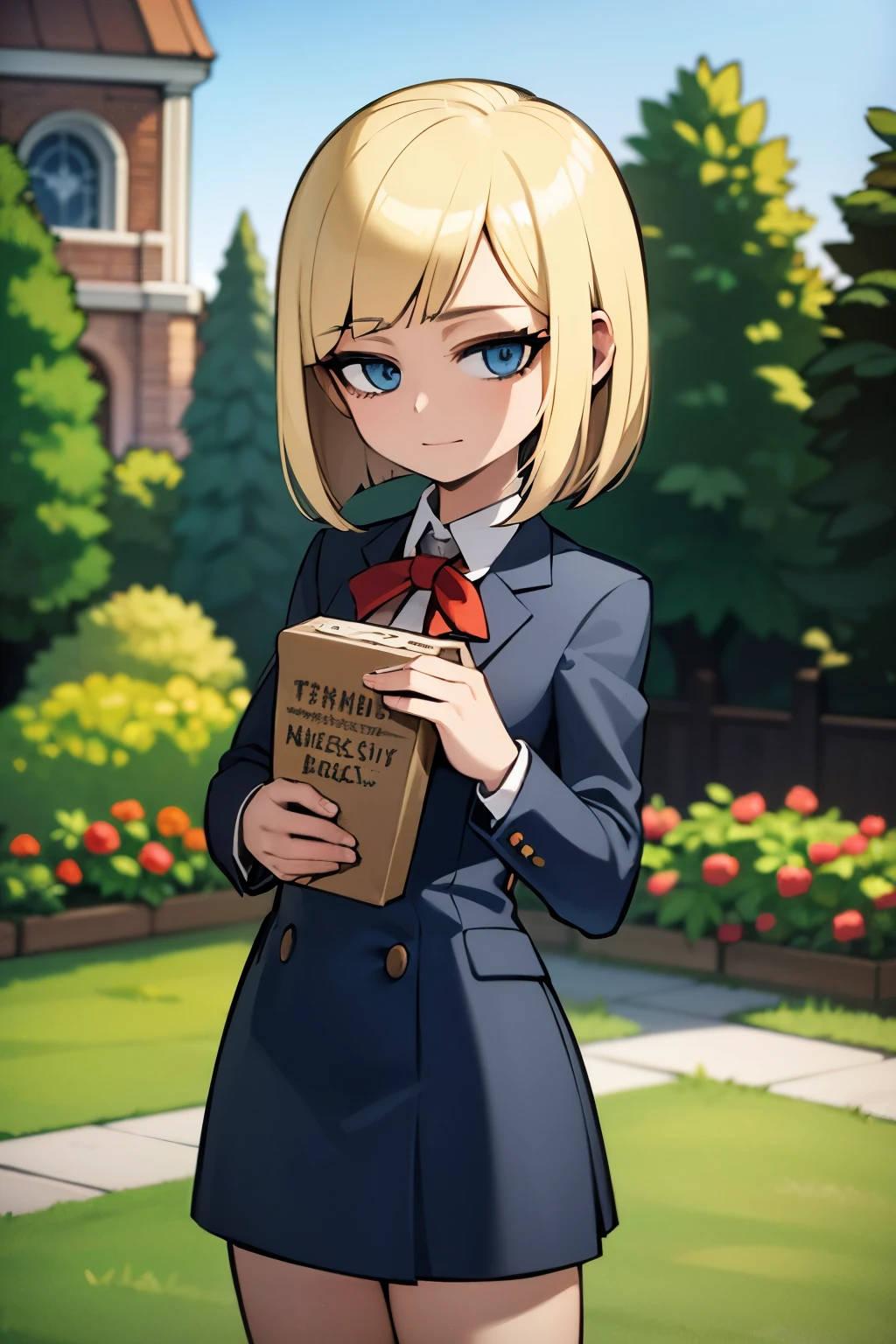young girl, bob hair cut, blue eyes, chin-length Venetian-blonde hair, red hair, wears her green boarding school uniform, green student jacket, 4k, masterpiece, alyssa hamilton clock tower 3, in a garden , looking at viewer
