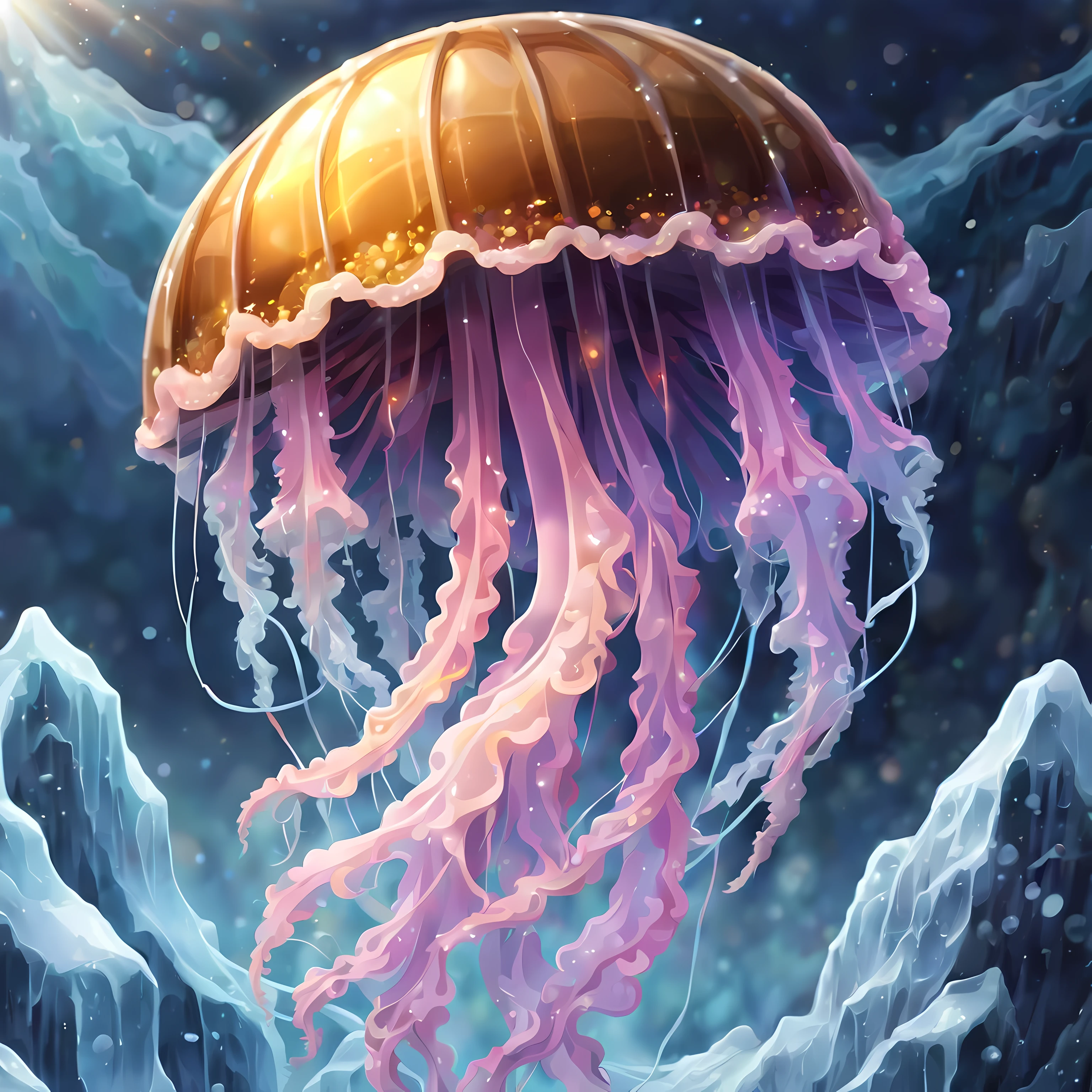 (2D colorful anime style of a silver coin), full shot from above, (majestic glowing jellyfish:1.3), on an elegant golden coin, marine details, (((ice rime)))