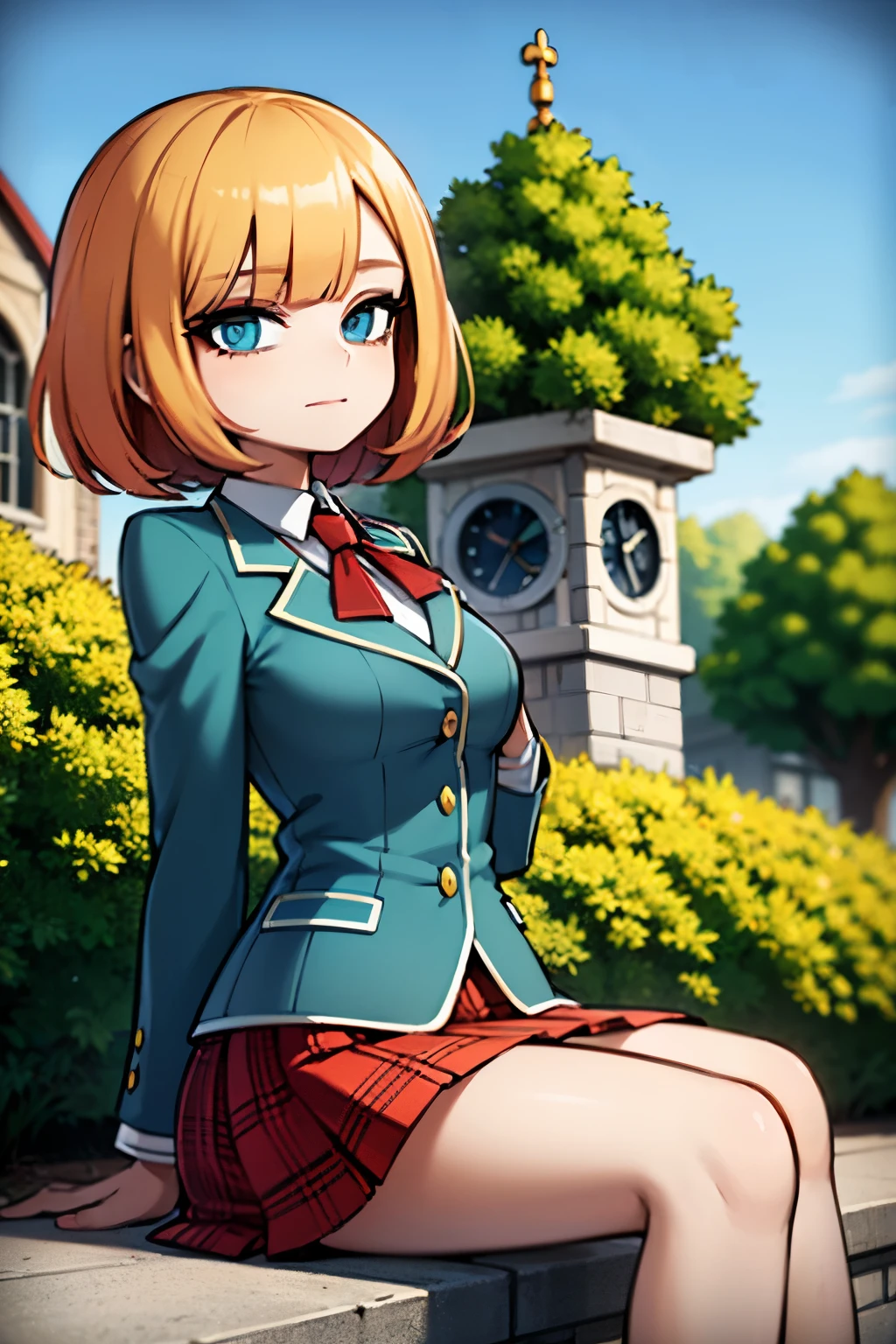 young girl, bob hair cut, blue eyes, chin-length Venetian-blonde hair, red hair, wears her green boarding school uniform, green jacket and tartan patterned blue and orange skirt., 4k, masterpiece, alyssa hamilton clock tower 3, in a garden , looking at viewer
