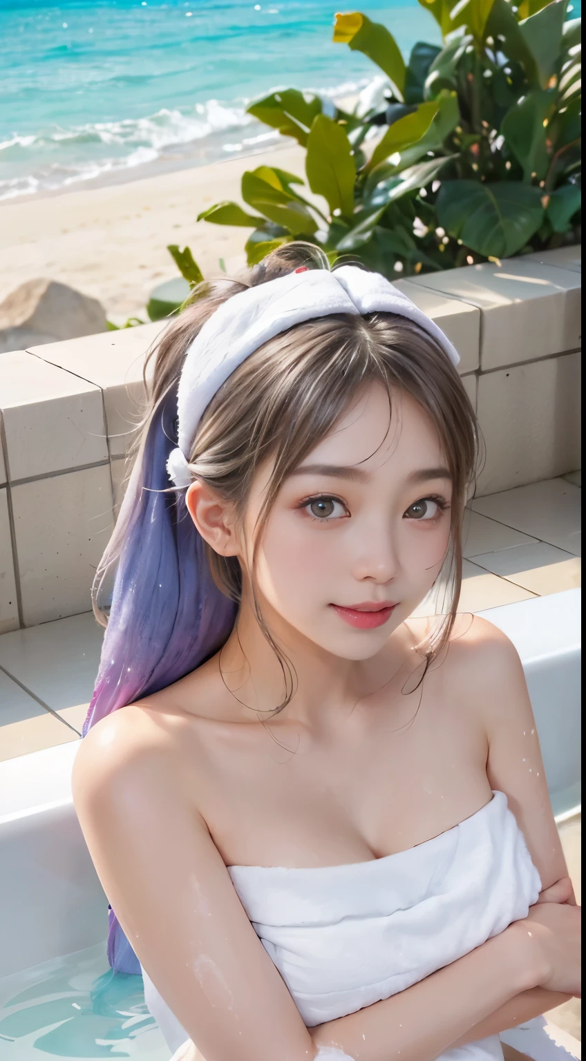 (2 girls included)、brain out、sunburn、sweaty muscles、long silver hair、half body bath、(bath towel:1.5)、(naked towel:1.3)、bath towel1枚を体に巻きます、bath towel,((hot spring style:1.3))、punk girl、(Styling your hair with both hands:1.3)、cleanliness、nipple peen、carefree smile、((strong wind))、cleavage、midsummer beach、make me tremble in your mouth、