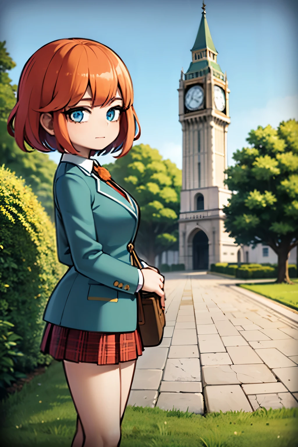 young girl, bob hair cut, blue eyes, chin-length Venetian-blonde hair, red hair, wears her green boarding school uniform, green jacket and tartan patterned blue and orange skirt., 4k, masterpiece, alyssa hamilton clock tower 3, in a garden , looking at viewer