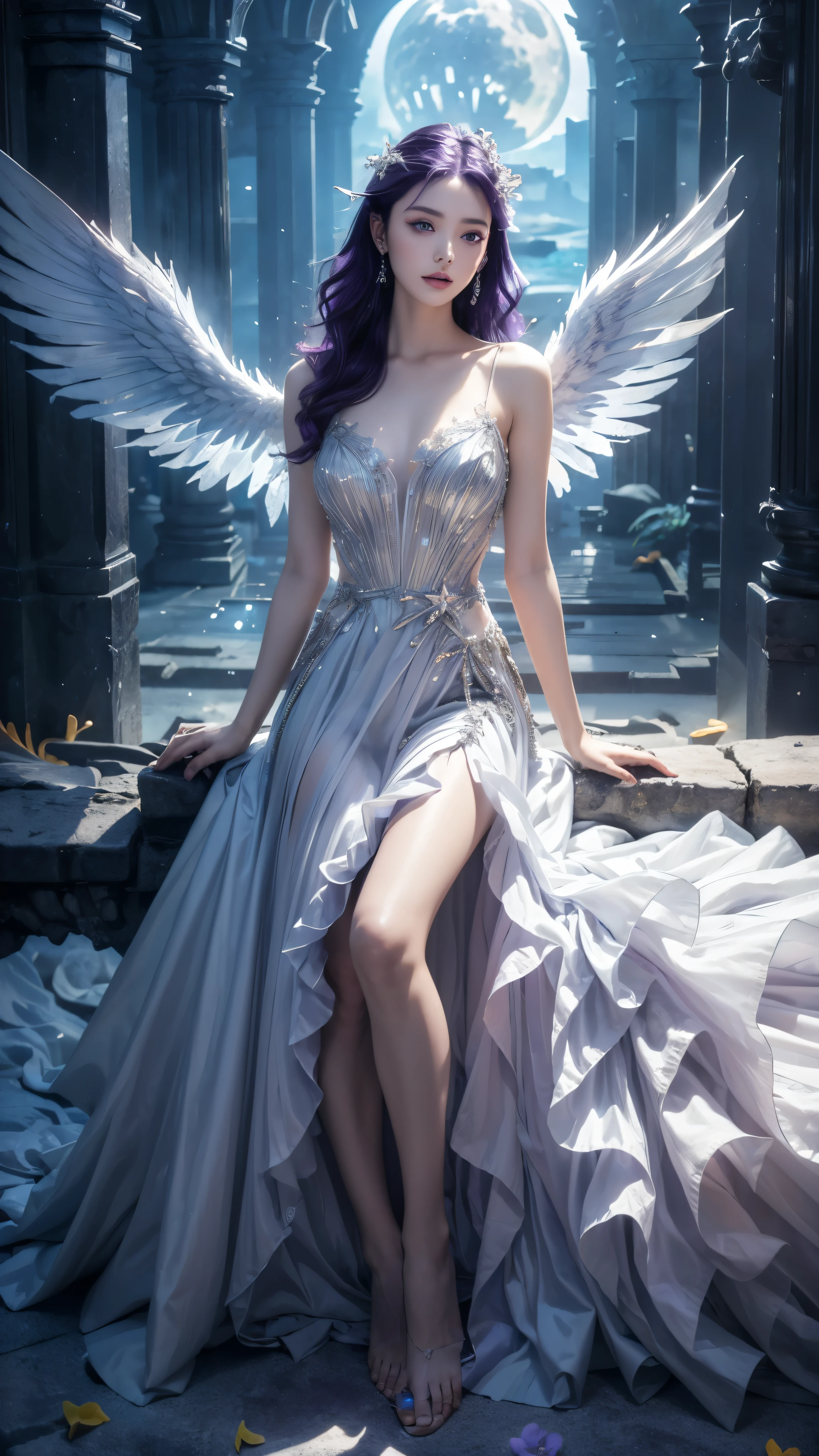 (((RAW photo , Extremely detailed, highest quality, High resolution, alone,)))
break、(contrast:1), whole body、 Viewed from directly above, Lying in a flower garden, back is on the floor、
break、 (((purple hair beach wave hairstyle ))), (((cosmetics))),big breasts,
break、white effect, white wings:1.2 , White Angel:1.2, ((night)) 、
break、Vampire Castle, detailed background,, moon、
break、antonio riva dress:1.1,Dress made of slightly see-through fabric:1.3、(very complicated:1.2), high fantasy, beautiful face, pointed ears,
break,background, monochrome, grayscale, barefoot, break、outdoors、river