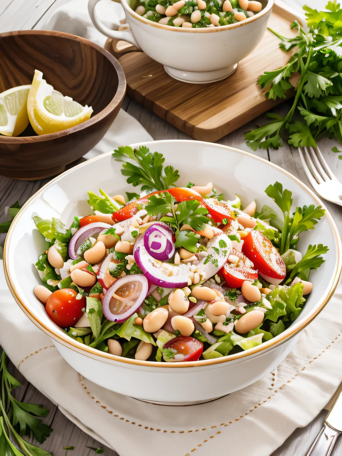 Uma tigela de salada refrescante em uma mesa branca, photographed at a 45 degree angle with a 70mm camera, real photo image style, luz natural, cores vibrantes, Ambiente bem iluminado. O prato deve conter atum, White bean, tomate cereja cortado ao meio, cebola roxa em fatias finas, fresh chopped coriander drizzled with lemon juice and olive oil. Os vegetais devem parecer frescos, o foco da imagem deve estar em todo o prato, deixando apenas os itens de fundo fora de foco.