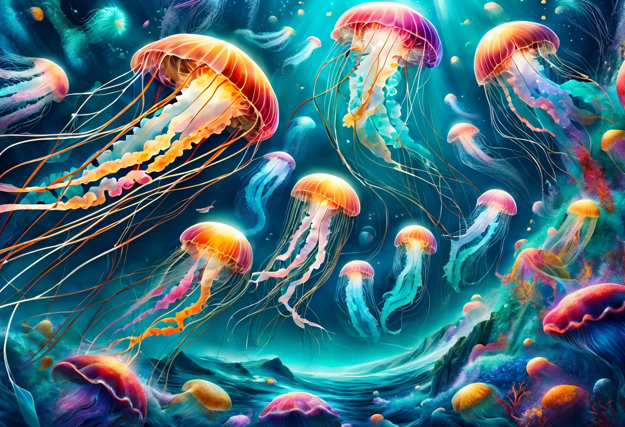 Imagine a contemporary art-inspired illustration depicting the ethereal beauty of jellyfish. In this visually striking composition, envision vibrant, abstract forms that capture the fluidity and grace of these marine creatures. Employ a dynamic interplay of luminescent colors and geometric shapes to convey the mesmerizing dance of tentacles in an otherworldly aquatic realm. Utilize cutting-edge digital techniques to infuse the artwork with a sense of modernity, creating an arresting visual experience that transcends the traditional depiction of jellyfish. Let the illustration be a testament to the delicate balance between nature and innovation, immersing the viewer in a captivating and surreal underwater dreamscape.