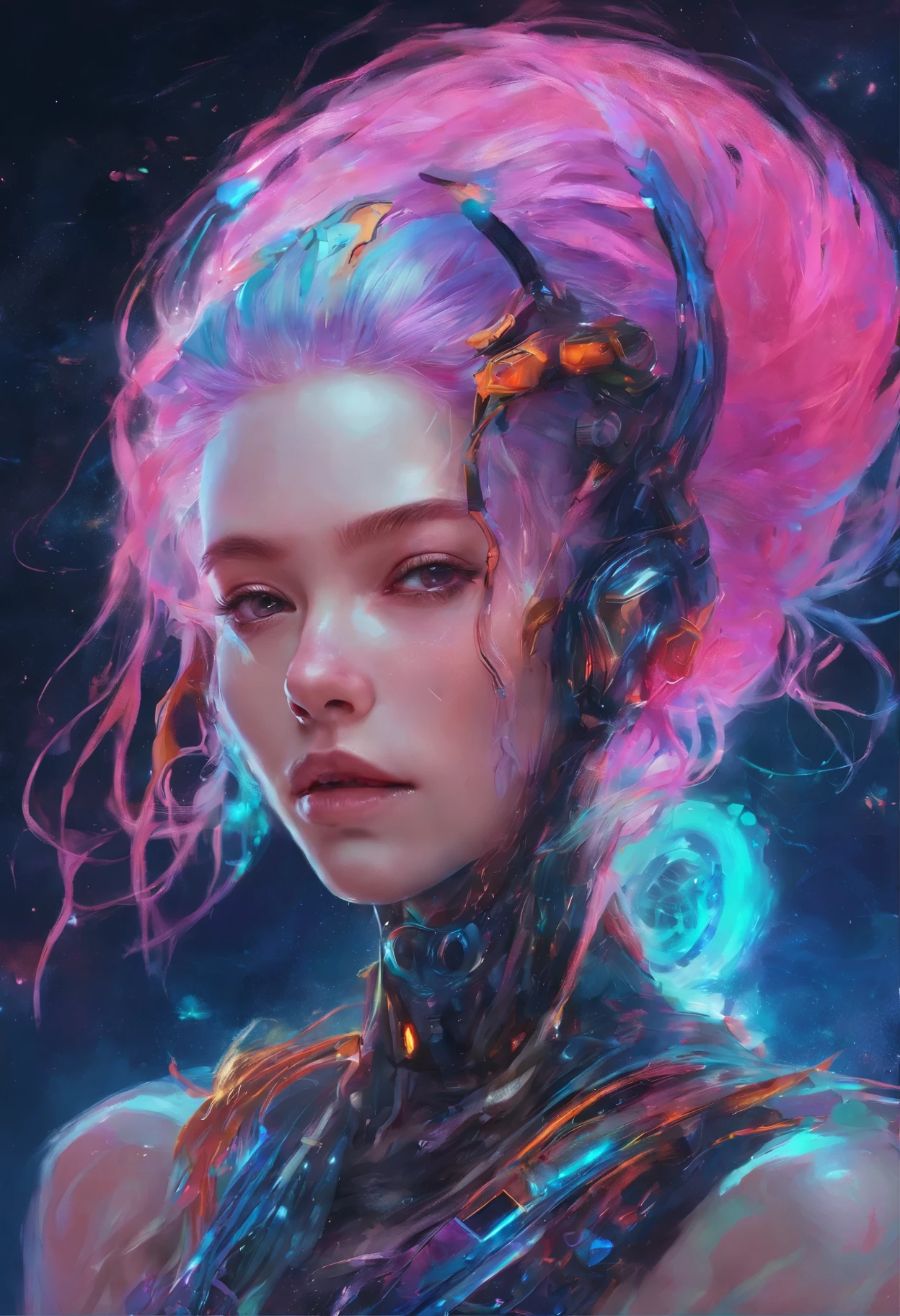 Close-up of a woman with colorful hair and necklace, anime girl with cosmic hair, Rossdraws soft vibrancy, Gouviz style artwork, fantasy art style, colorful], vibrant fantasy style, Rossdraws cartoon full of vitality, cosmic and colorful, Guweiz, colorful digital fantasy art, stunning art style, beautiful anime style, glowing hair