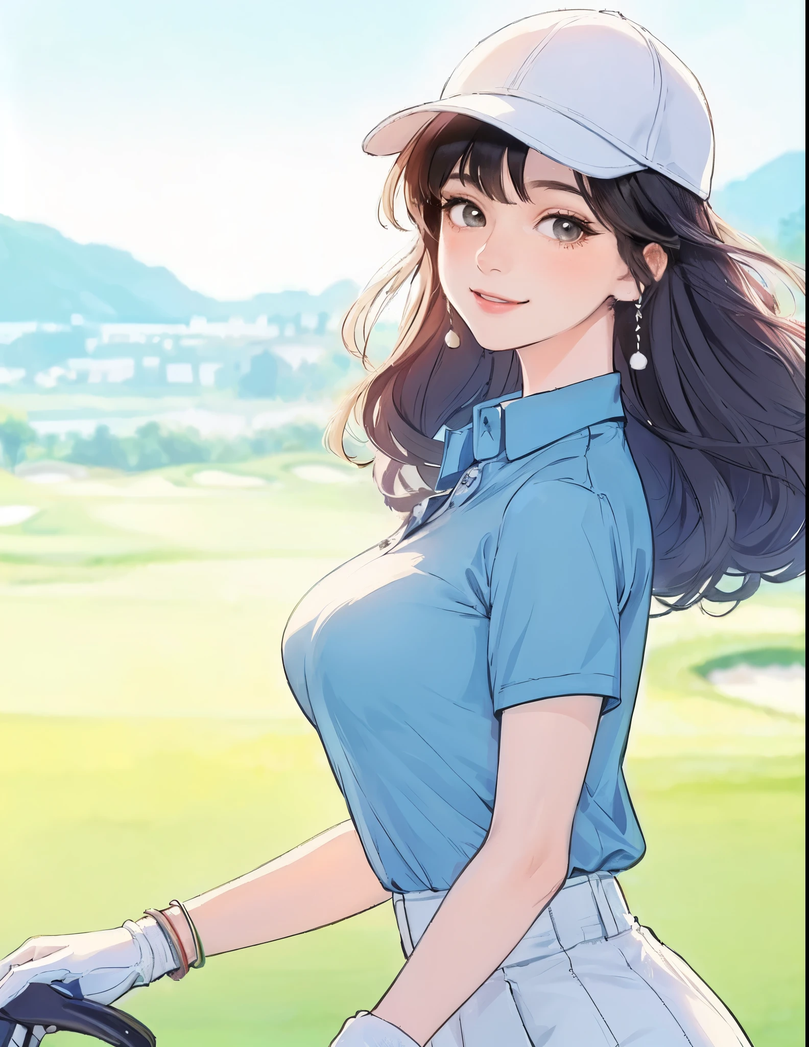 1lady standing, (golf wear) stylish, polo shirt, cap, mature female, /(black hair/) bangs, blush light smile, (masterpiece best quality:1.2) delicate illustration ultra-detailed, large breasts BREAK (green of golf course) outdoors, (golf club), noon, detailed background