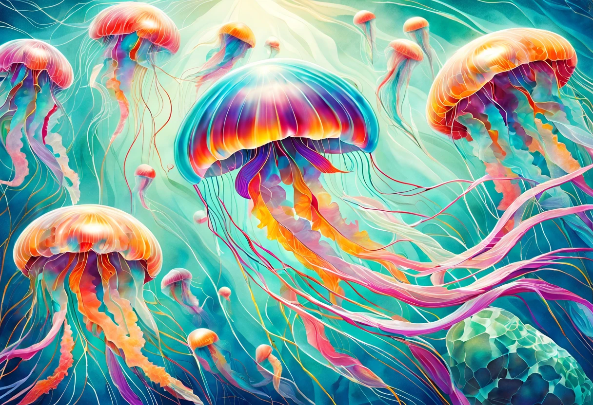 Imagine a contemporary art-inspired illustration depicting the ethereal beauty of jellyfish. In this visually striking composition, envision vibrant, abstract forms that capture the fluidity and grace of these marine creatures. Employ a dynamic interplay of luminescent colors and geometric shapes to convey the mesmerizing dance of tentacles in an otherworldly aquatic realm. Utilize cutting-edge digital techniques to infuse the artwork with a sense of modernity, creating an arresting visual experience that transcends the traditional depiction of jellyfish. Let the illustration be a testament to the delicate balance between nature and innovation, immersing the viewer in a captivating and surreal underwater dreamscape.