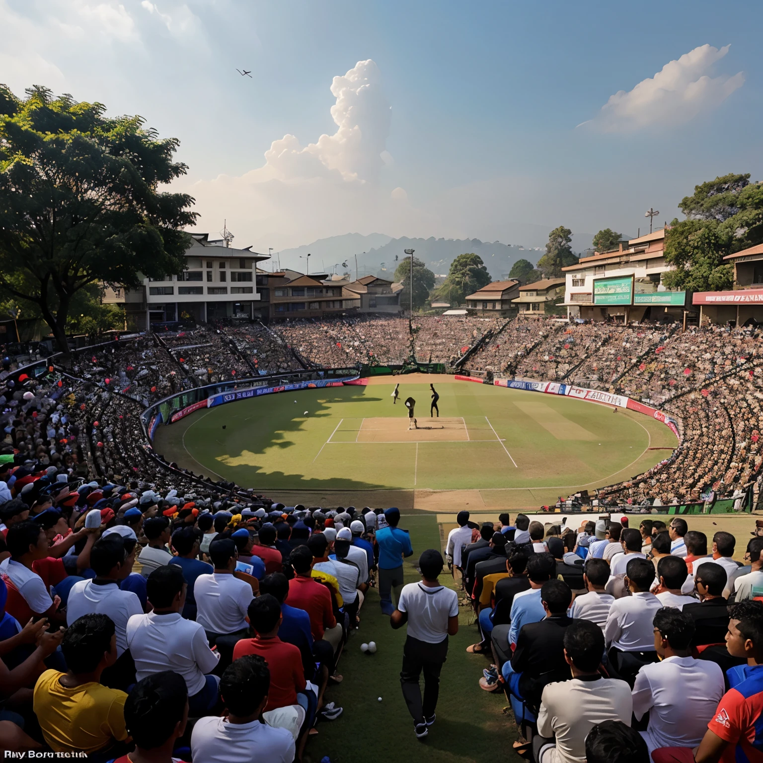Create image of playing cricket in Nepal with huge crowd and highlights the payers as well as bat and balls