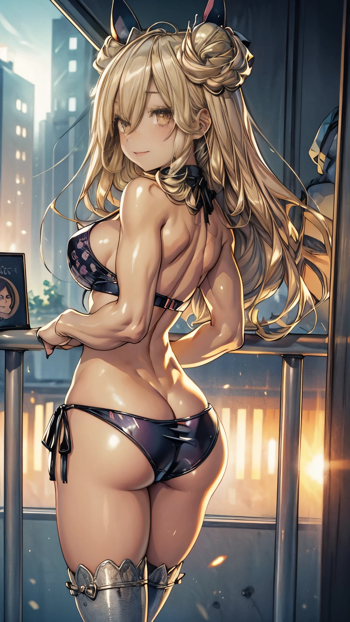 Mukuro is a beautiful young woman with a voluptuous body, having a bust considered disproportionately large for her physical age. She has golden eyes combined with flowing blonde hair that is longer than her own body. She ties her hair in an Odango hairstyle and wears ribbons around her buns, she has muscular legs and a muscular stomach, a thin waist, and (((wears a very sexy and small bikini that leaves her entire backside exposed and her breasts exposed) )), showing her foot, {{{she is standing in a full body photo}}}, (((at the motel))), (((giant breasts))), big breasts, just breasts, huge breasts , barefoot, cute smile looking at me
