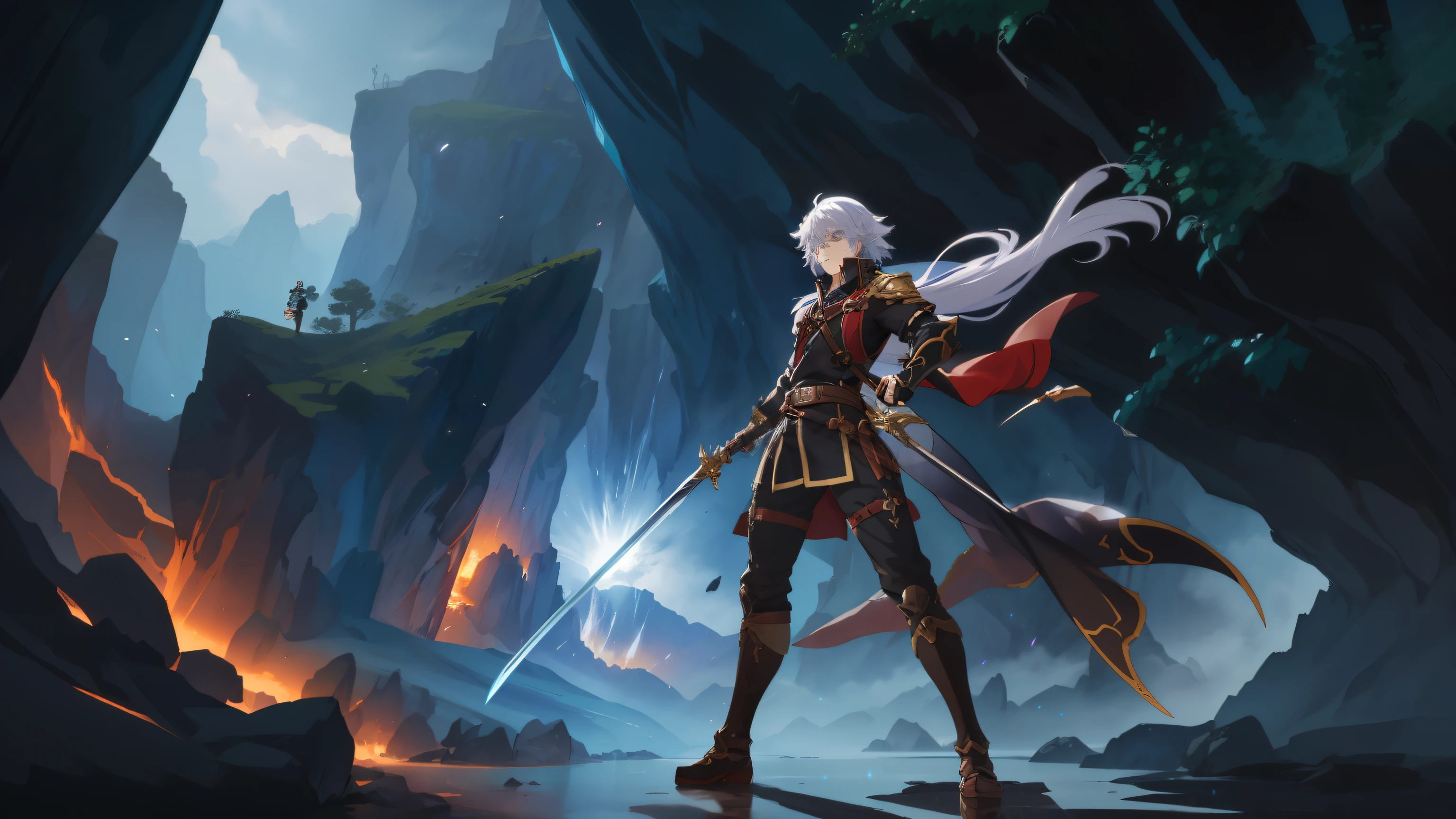 Anime style artwork of a man holding a sword in a cave, 2. 5 d cgi Anime fantasy artwork, anime epic artwork, grand order of destiny, epic RPG artwork, Detailed digital 2D fantasy art, Detailed key animation art, Anime fantasy artwork, RPG artwork, Epic Anime Fantasy, 2b, 2b, Granblue Fantasy, Blade and Soul