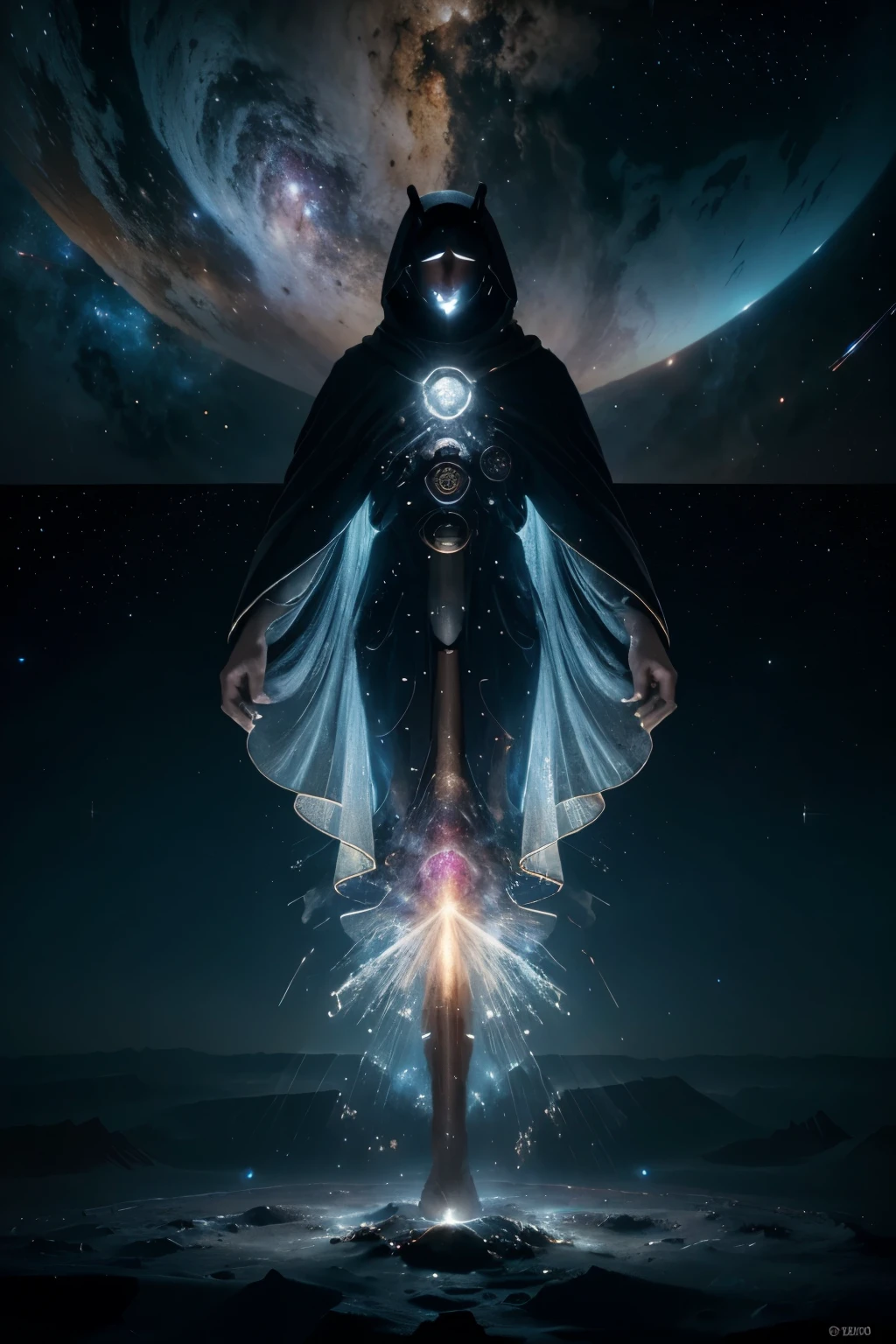 A stunning image evoking the magnificence of the James Webb Space Telescope, features the figure of a robed celestial craftsman whose shape is molded by the nebulae and stars that make up the vast universe. In this depiction, the cosmos itself becomes the material from which the craftsman is made, fusing creation with the creator in a celestial spectacle of beauty and mystery.