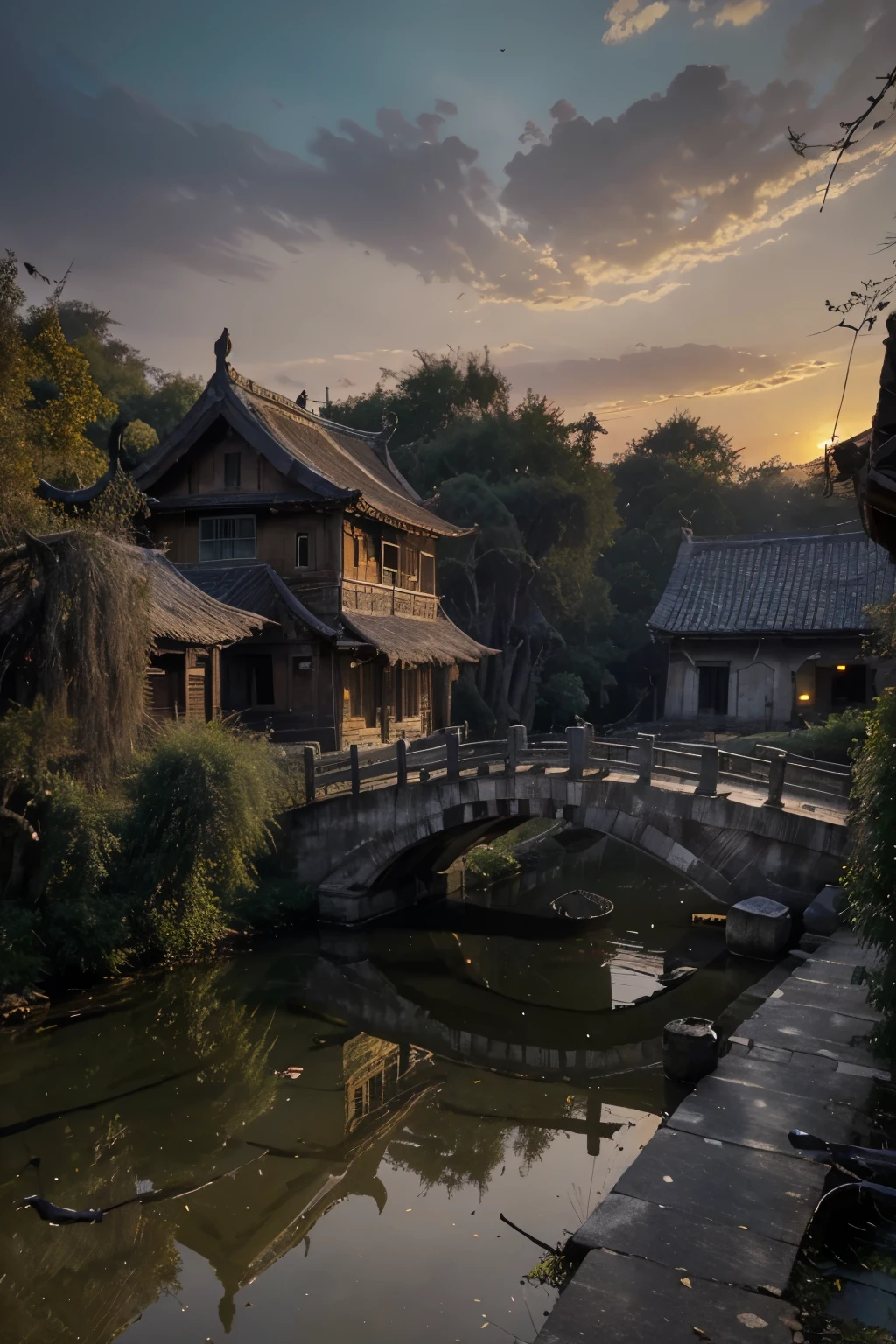 masterpiece, high quality, high resolution,8k, chinese painting ,, Withered vines, aged ((trees)), dusk ((crows)) cawing free,, ((a small bridge)), flowing water, (((a humble dwelling))), (a horse:1.6),, Westward blows the chilly wind on ((an ancient path)),, As the sun sets, my heart aches with a lonely wrath,,