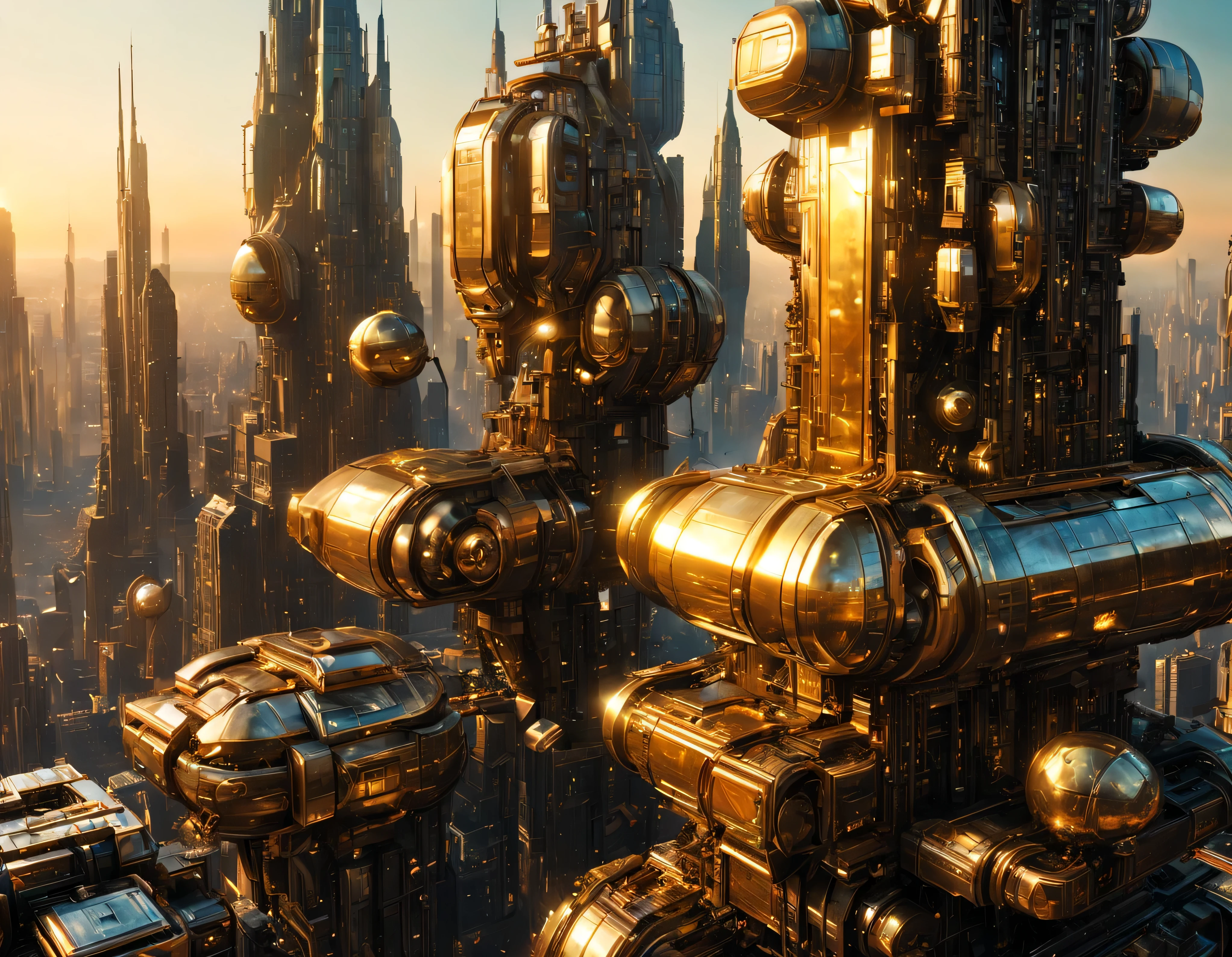 (golden hour lighting), megacity, megalopolis of an imaginary world of science fiction and maximum fantasy, con inmensos edificios ovalados y dodecaedricos agrupados de metal y cristal donde predomina el oro. imagen bien definida 8k, (intrincados detalles de la maquina), con muchos edificios juntos.(obra maestra de superior calidad).(imagen fotorrealista), nitidez absoluta hasta el fondo.