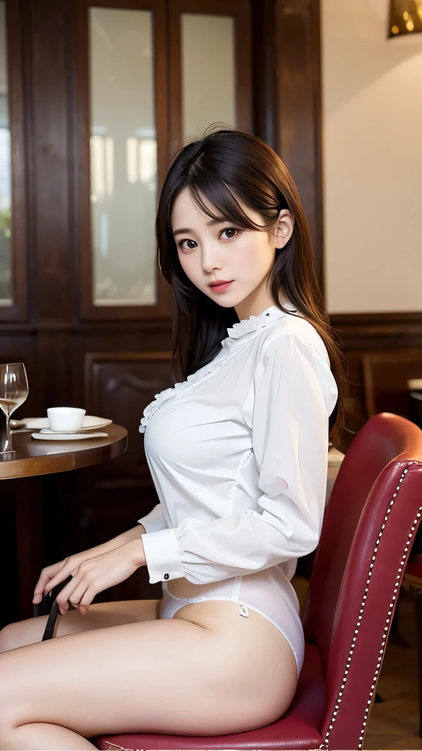 french restaurant、sit on a chair、Blouse for upper body、The lower body is only panties、butt focus