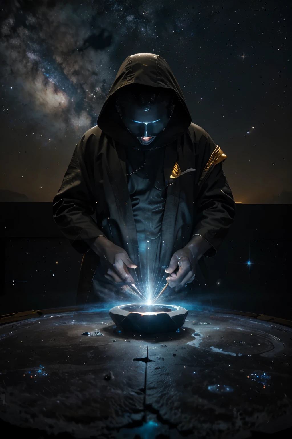 A stunning image evoking the magnificence of the James Webb Space Telescope, features the figure of a robed celestial craftsman whose shape is molded by the nebulae and stars that make up the vast universe. In this depiction, the cosmos itself becomes the material from which the craftsman is made, fusing creation with the creator in a celestial spectacle of beauty and mystery.