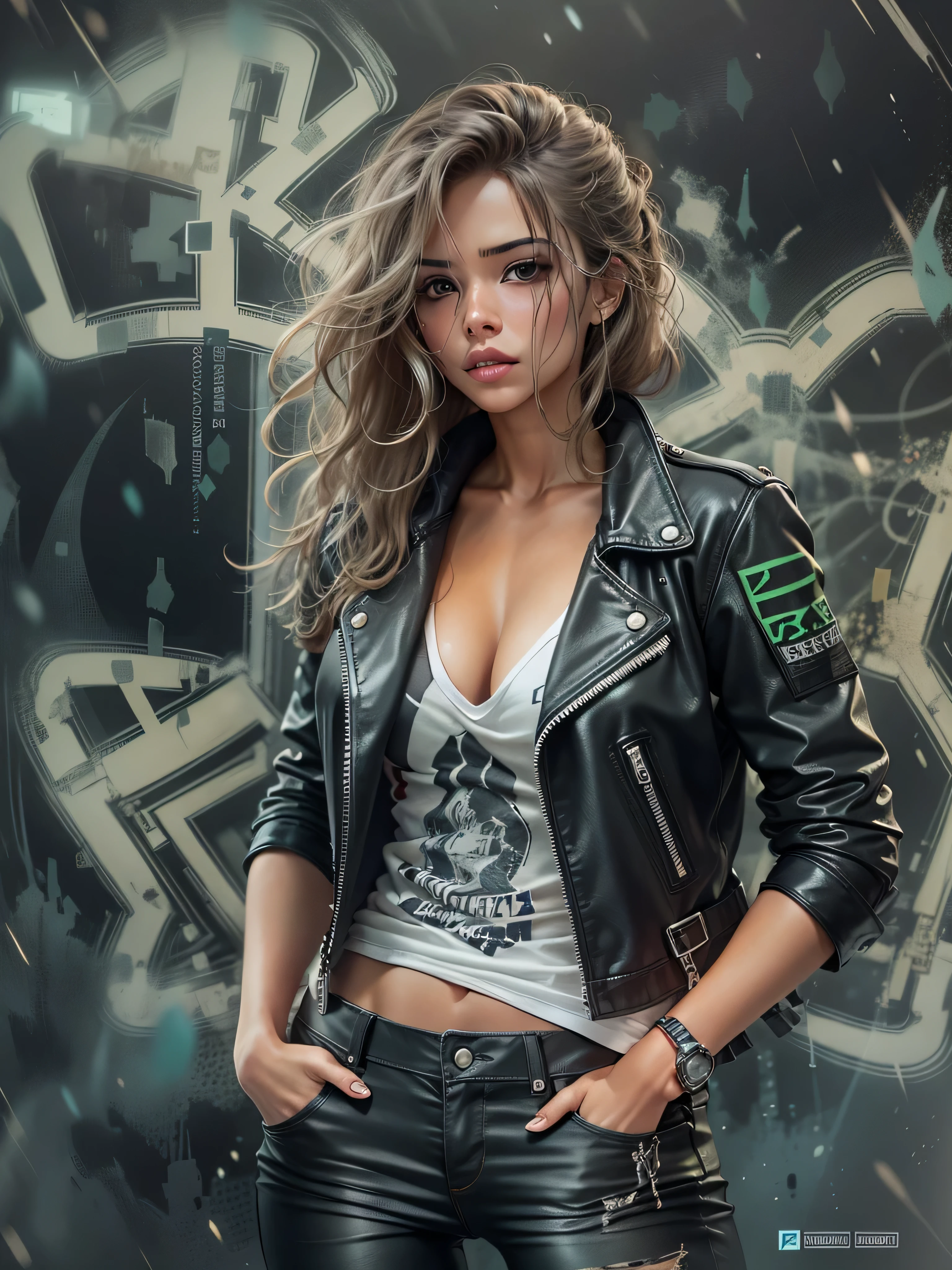 mulher vestida de motoqueira estilo sensual, com blusa jeans preta de gang, with black leather pants, com cabelos loiros, e olhos verdes, encostada em um muro de viela de cidade cheio de grafite de desenhos de caveira, em noite de chuva fraca