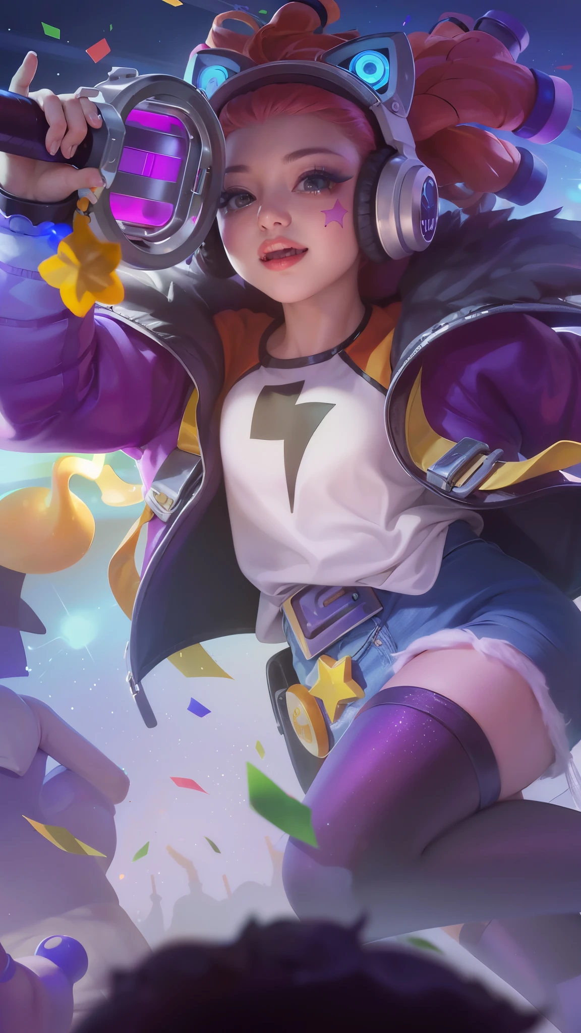 (8k, RAW photo, photorealistic:1.25) ,( lipgloss, eyelashes, gloss-face, glossy skin, best quality, ultra highres, depth of field, chromatic aberration, caustics, Broad lighting, natural shading,Kpop idol) looking at viewer with a serene and goddess-like happiness, there is a woman with headphones on holding a nintendo wii controller, youthful taliyah, kda, orianna, extremely detailed artgerm, artgerm lau, artgerm jsc, style artgerm, zenra taliyah, ! dream artgerm, official splash art, range murata and artgerm, ig model | artgerm.