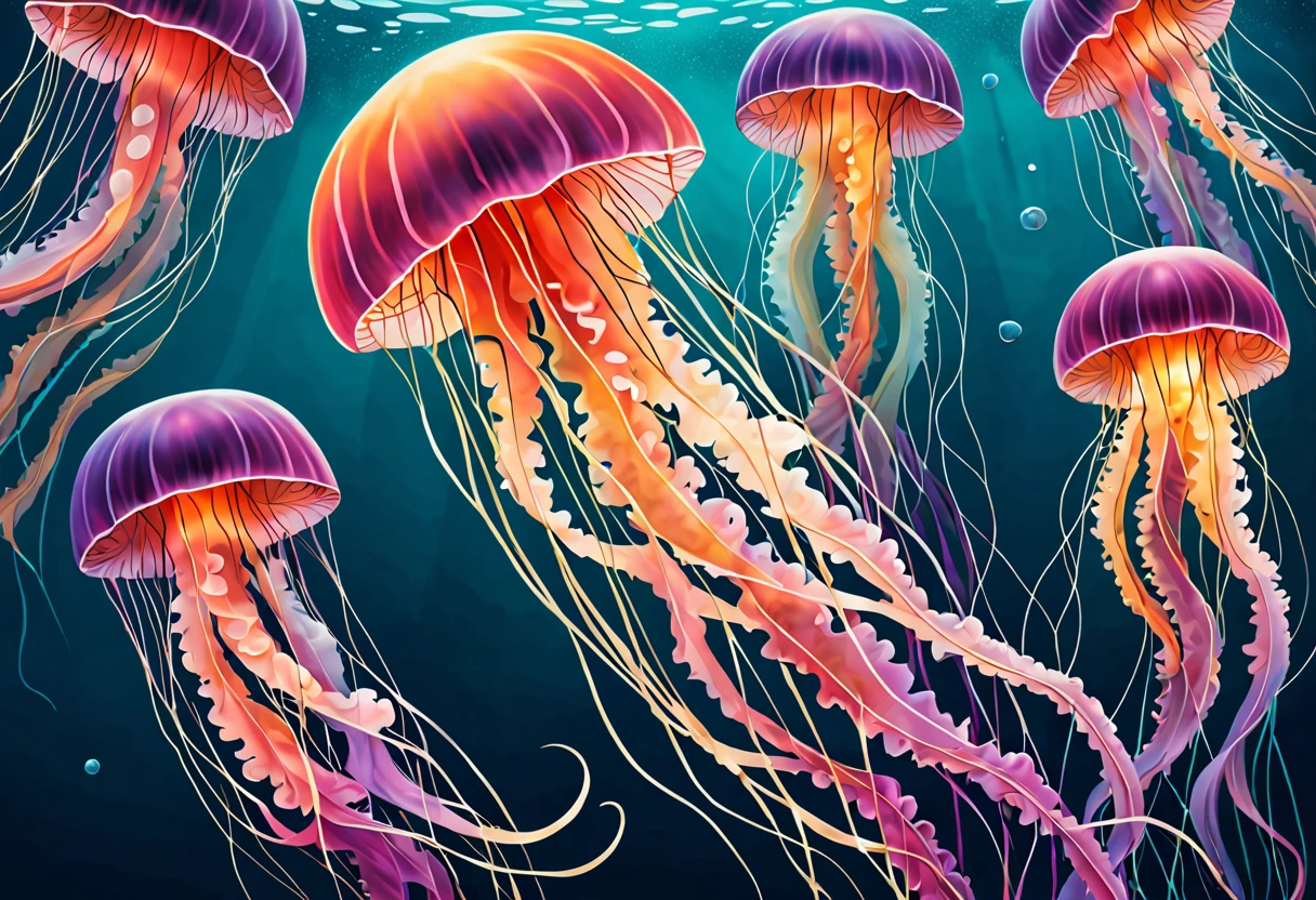 Imagine a contemporary art-inspired illustration depicting the ethereal beauty of jellyfish. In this visually striking composition, envision vibrant, abstract forms that capture the fluidity and grace of these marine creatures. Employ a dynamic interplay of luminescent colors and geometric shapes to convey the mesmerizing dance of tentacles in an otherworldly aquatic realm. Utilize cutting-edge digital techniques to infuse the artwork with a sense of modernity, creating an arresting visual experience that transcends the traditional depiction of jellyfish. Let the illustration be a testament to the delicate balance between nature and innovation, immersing the viewer in a captivating and surreal underwater dreamscape.
