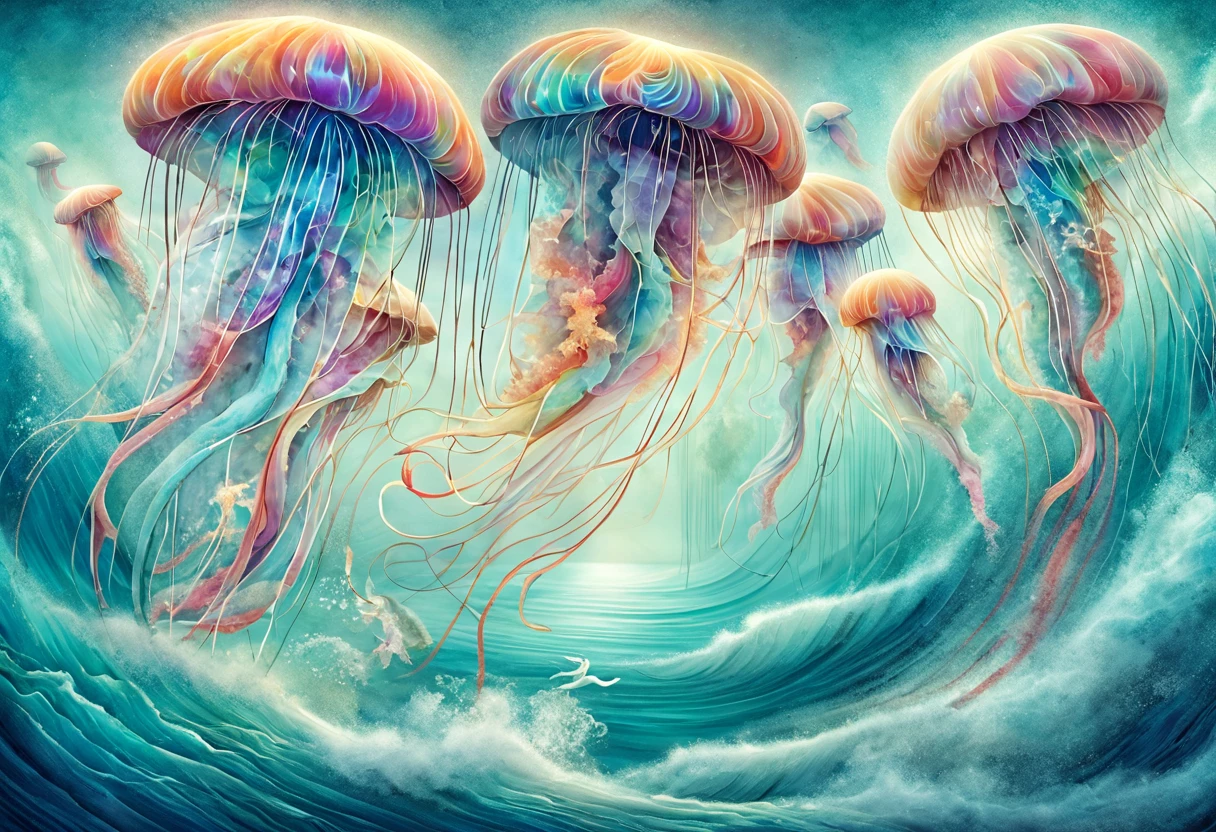 In the spirit of Lassen's distinctive style, generate a modern art illustration featuring jellyfish. Envision a canvas bathed in iridescent hues, where the luminous creatures float amid dreamlike waves. Embrace Lassen's signature blend of surrealism and vivid colors, creating a mesmerizing dance of ethereal forms. Incorporate fluid lines and organic shapes to evoke the grace of jellyfish in an underwater ballet. Utilize cutting-edge digital techniques to infuse the artwork with a contemporary edge, ensuring a seamless fusion of Lassen's timeless aesthetic and the captivating allure of these marine wonders. Let the image stand as a testament to the seamless harmony between artistic innovation and the enigmatic beauty of the ocean's depths.