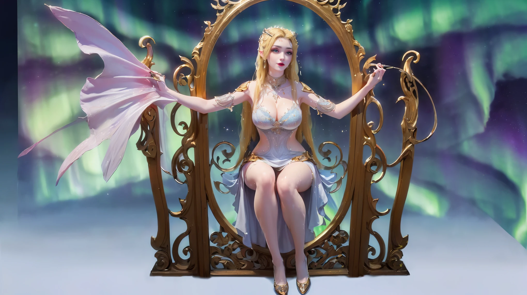 1 20 year old girl, 1 Goddess Athena, Pink purple silk dress, Beautiful flawless face of goddess Athena, Beautifully yellow nightgown, Wearing an ultra-thin white lace bikini,sexy pose,(huge breasts: 1.2),(((Breast close-up)), , (((spread legs))),((((fullbody,)))),, red lips, plump red lips, Smile, Beautifully and beautiful pino detailing, Beautifully and beautiful lip detail, , (pure and flawless face: 1.9), female body, round chest, big round breasts, Phoenix Brooch, Changping bangs, (7 colors rainbow hair: 1.9), Flower sticker tattoo on forehead, Beautiful clear face and well-proportioned eyes, (transparent eyes: 1.8), (Big round eyes and makeup, Sexy wet eye makeup, Very beautiful and detailed hair and makeup, long and Beautifully blonde hair, Beautifully, body image: 1.8), number: and vivid, (stars that make up the sky: 1.7), (The heavenly sky and the imaginary gate of time and space: 1.8), fictional art, original photo, hanfu photos, best photos, high resolution, best quality, best photos, Best goddess quality, 8k female, Super 8 Single Saint Portrait, The most realistic color scheme, masterpiece, Best Beauty Brands, best hair jewelry, Brand real photos, dark studio, Frame light, two-tone lighting, (rose white skin: 1.4), (High skin detail: 1.1), 8K Ultra HD, SLR camera, soft light, 8k, high quality, confess, Smooth and sharp volume, 10 times more pixels, sexy goddess, sexy goddess, (background space: 1.8), (The most beautiful aurora eye: 1.7), beautiful eyes, Aurora is as beautiful as flowers, (Beautiful single girl: 1.8), (more details:0.8),