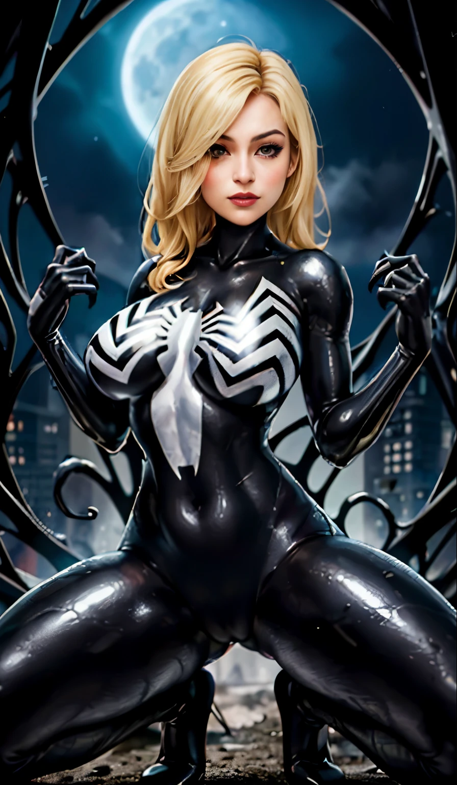 4K，realisticlying，Glamorous，The  very detailed，There  a girl in Dingcheng，Blonde hair，Wearing a black Spider-Man costume，（Black and white：1.4） the night,symbiote，venomize，a large amount of mucus,she  a spiderman，Black superhero theme，In front of the sky，Flushed complexion，( Open legs， camel-toe，， Vulvar shape：1.3）,(GGCameltoe:1.3)Legs apart，25 age old，full bodyesbian