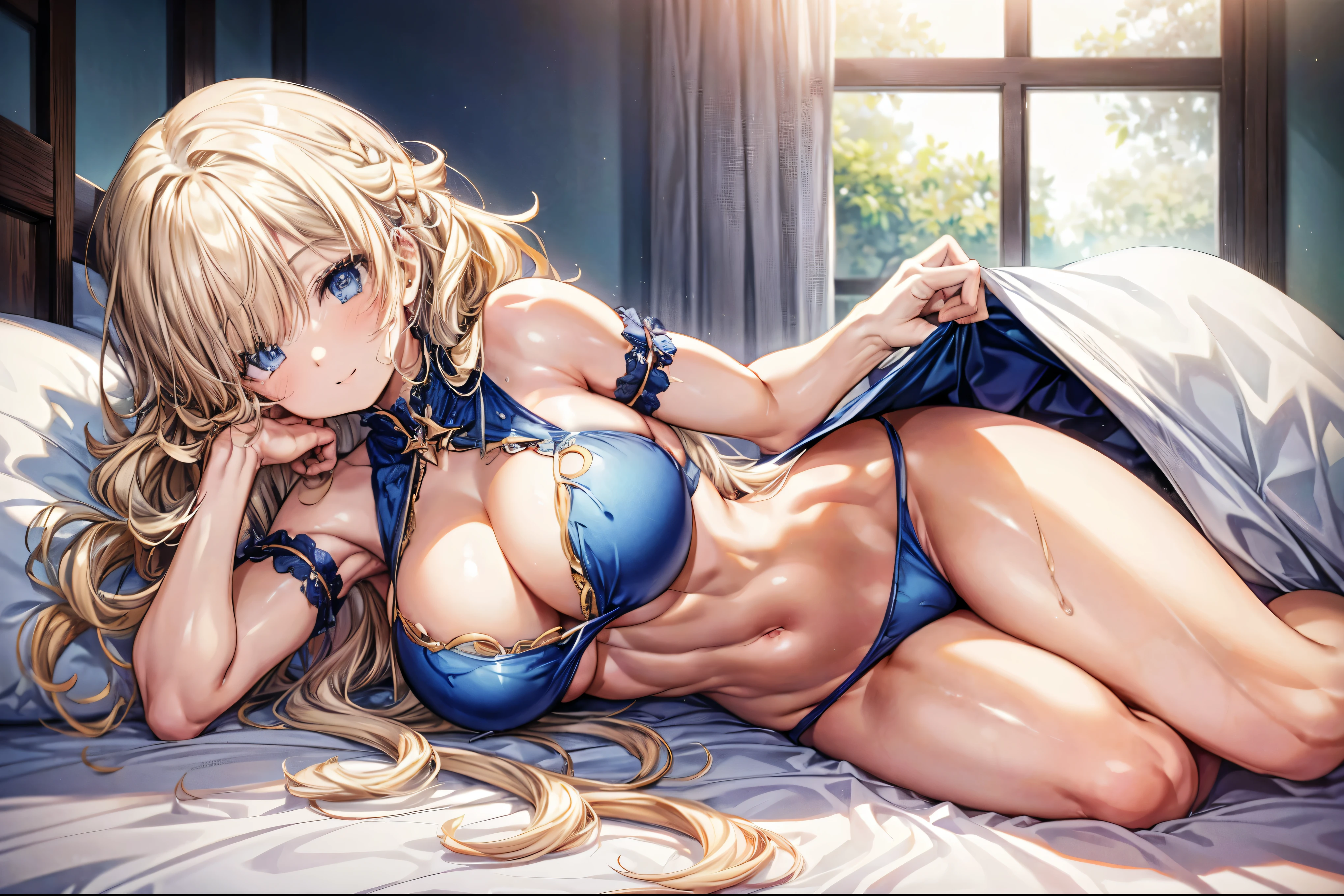 sensual, ((long blonde curly hair)), thick thighs, 8k, 4k, highest quality, High resolution:1.2), cute anime face, noise reduction, ((shining blue eyes, gentle smile, kind eyes))、toned abdominal muscles, muscular arms, muscular legs,  young face, anime eyes, (((big breasts、A chest that is about to burst)))、(((whole body)))、wearing a thong、please lie down on the bed