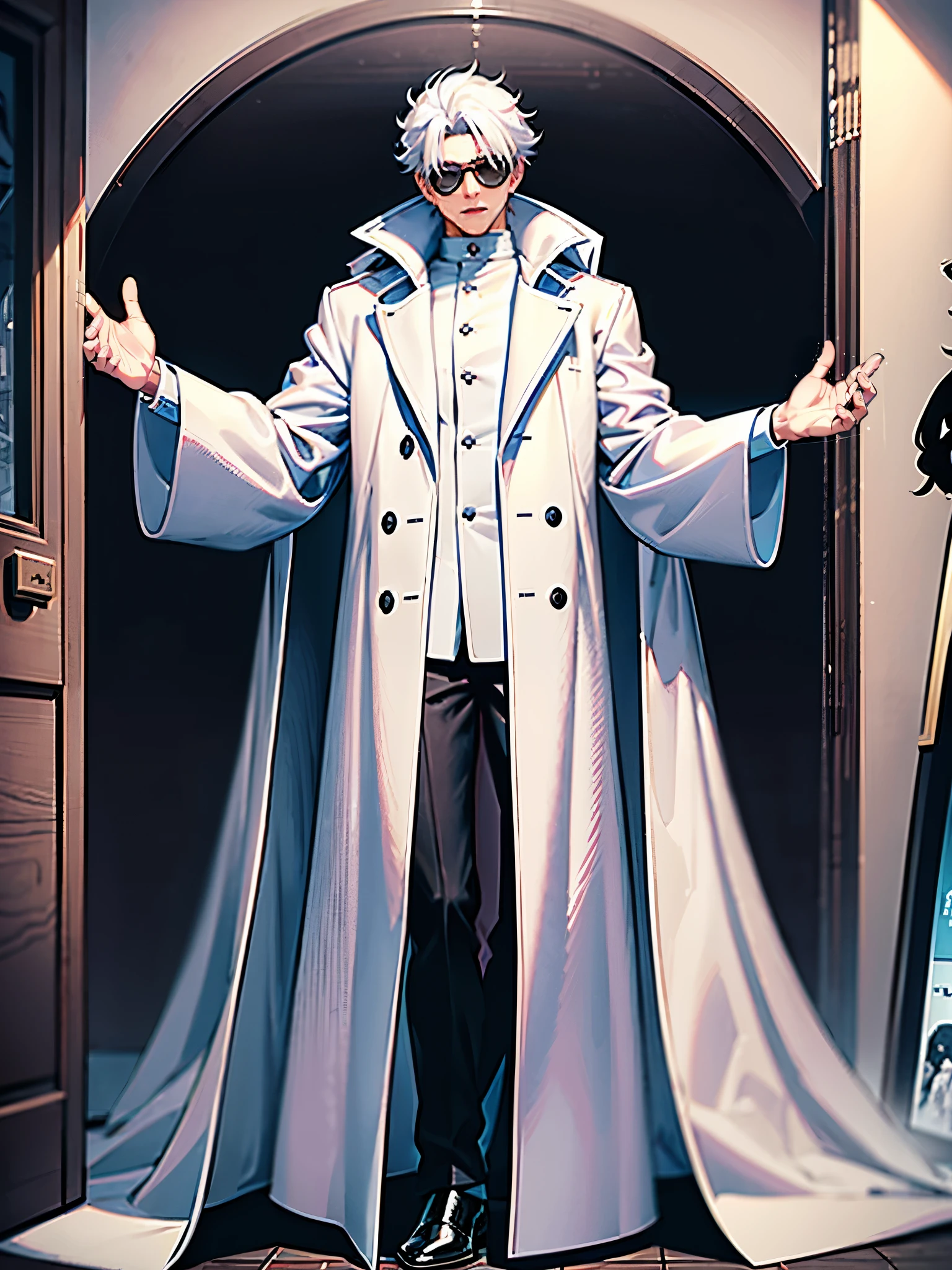 There is a man taking pictures in the mirror, black hair,long coat, he wears a big coat, ( ( wearing a long coat ) ), white fur, With white fluffy fur, long coat, wearing fur coat,Wearing a white winter coat, wearing a fur coat, Wearing an old white coat, Ruan Jia style with glasses,Cold expression,masterpiece 4k