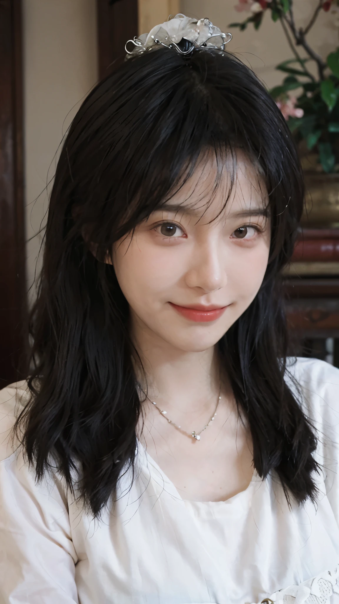 best quality, ultra high resolution, (realistically:1.4),cute hairpin,Baoyu Girl,European style apartment,A pair of clear and charming peach blossom eyes,Royal sister,The sun shines on the face,Big breasts,Big wavy hairstyle,(necklace:1.2),(White skin:1.4),a sense of atmosphere,a beautiful girl, Smile,Looking directly at the viewer, (lifelike:1.4),1 girl,Sexy,(Upper body:1.4),(wet),(:1.2)