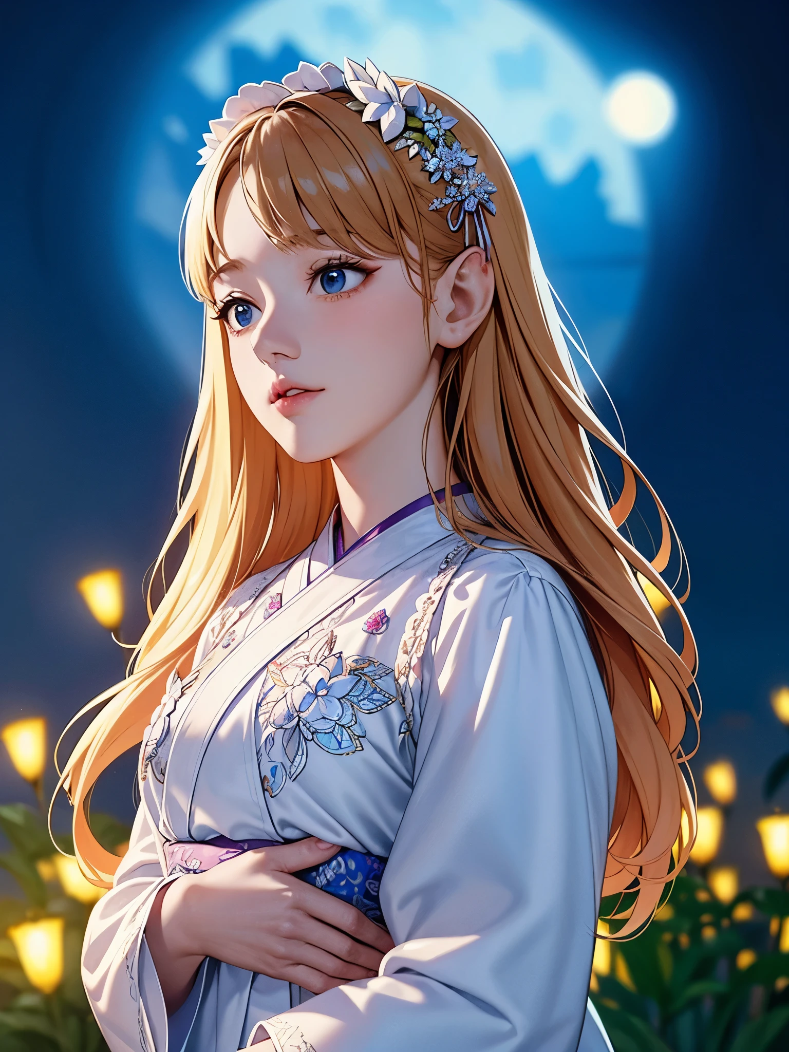 beautiful girl in the garden, Wearing a hanbok, vivid flowers々surrounded by. the moon shines brightly in the night sky, Cast a soft light on the scene. Images are of the highest quality, in high resolution, clear details, and incredibly detailed backgrounds. The girl&#39;s hanbok appearance is exquisitely drawn., Displaying intricate patterns and flowing fabrics. The garden is like々It&#39;s full of flowers, Each petal and leaf is meticulously rendered.. Moonlight illuminates the entire landscape, create a dreamy atmosphere. There is a feeling of (Idol@star:1) style, Add a unique, artistic feel to your images. The colors are rich and vivid, Increase overall visual impact. The lighting is nice and there is a nice atmosphere., Create a tranquil and enchanting atmosphere.
