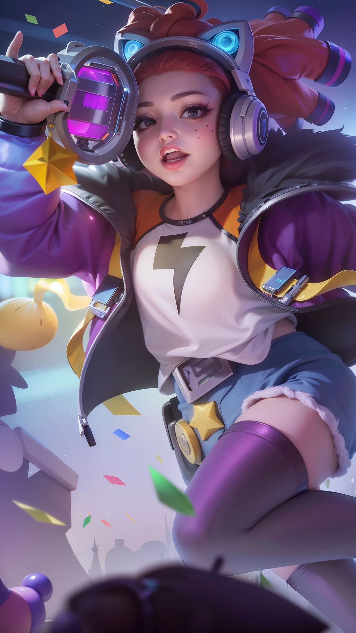 (8k, RAW photo, photorealistic:1.25) ,( lipgloss, eyelashes, gloss-face, glossy skin, best quality, ultra highres, depth of field, chromatic aberration, caustics, Broad lighting, natural shading,Kpop idol) looking at viewer with a serene and goddess-like happiness, there is a woman with headphones on holding a nintendo wii controller, youthful taliyah, kda, orianna, extremely detailed artgerm, artgerm lau, artgerm jsc, style artgerm, zenra taliyah, ! dream artgerm, official splash art, range murata and artgerm, ig model | artgerm.