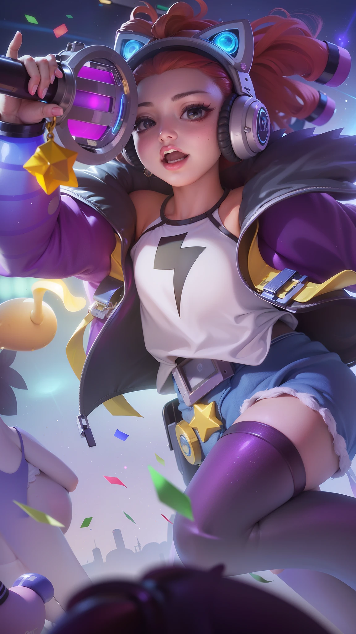(8k, RAW photo, photorealistic:1.25) ,( lipgloss, eyelashes, gloss-face, glossy skin, best quality, ultra highres, depth of field, chromatic aberration, caustics, Broad lighting, natural shading,Kpop idol) looking at viewer with a serene and goddess-like happiness, there is a woman with headphones on holding a nintendo wii controller, youthful taliyah, kda, orianna, extremely detailed artgerm, artgerm lau, artgerm jsc, style artgerm, zenra taliyah, ! dream artgerm, official splash art, range murata and artgerm, ig model | artgerm.