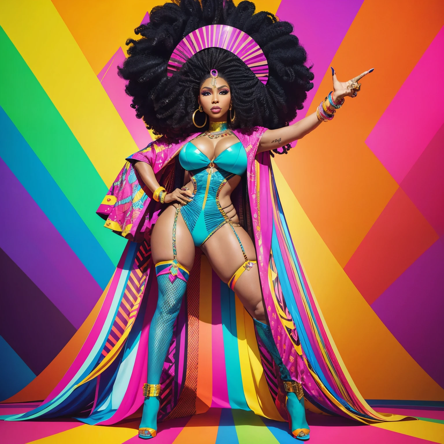 A bold and vivacious portrait of Nicki Minaj, the electrifying rapper, a 37-year-old woman of Afro-Trinidadian descent, with bright curly hair adorned with colorful wigs and extravagant accessories, wearing stylish and revealing outfits, pose confidently with one hand on her hip and the other pointing provocatively, with seductive and expressive eyes, in front view, full body, pop art, graphic design, neon colors, high saturation, digital art, illustration, vector art, isometric style, 8k.