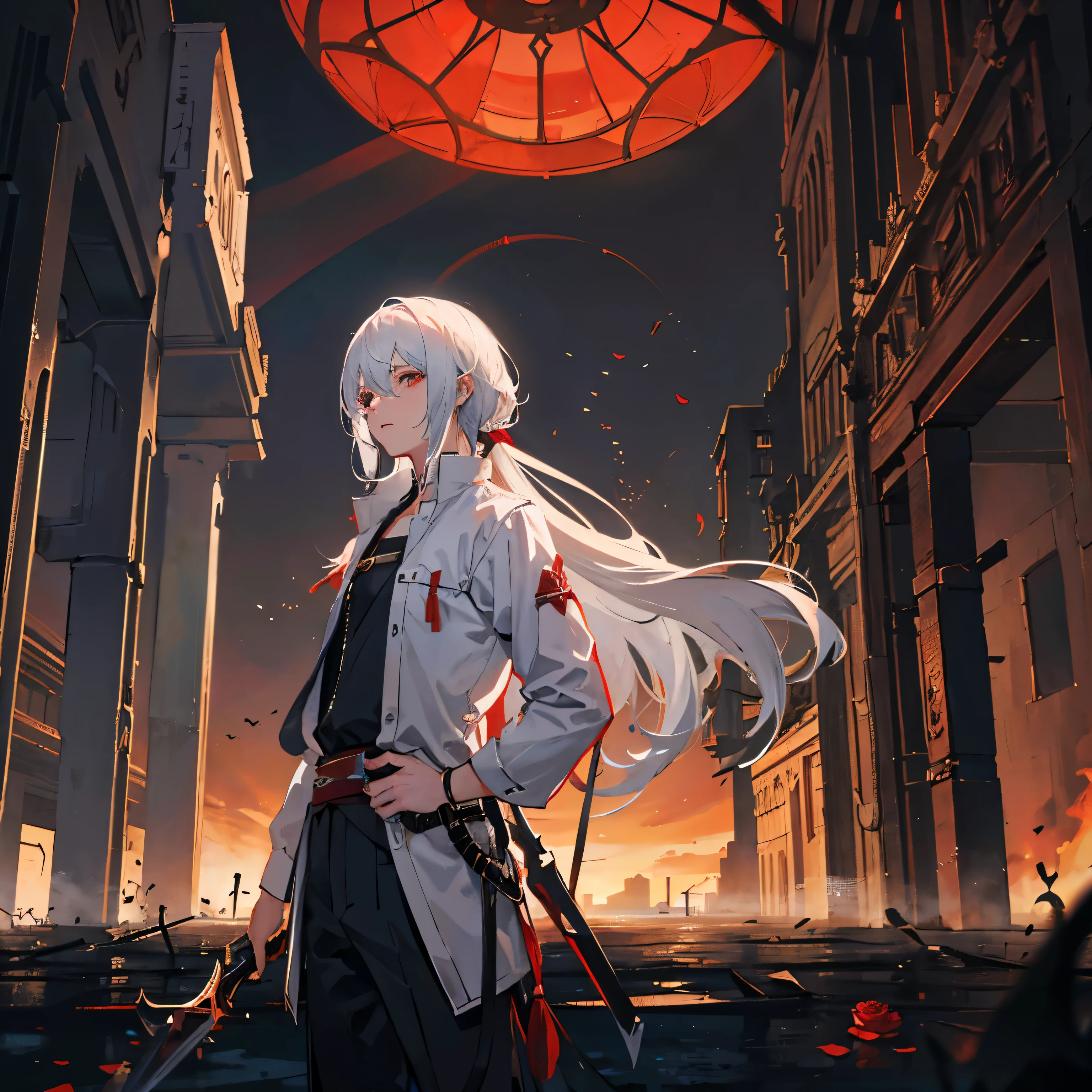 Boy 1, the killers,(Baghdad city), fog,(Thin sword), White hair, Medium length hair, He stands on one of the destroyed houses, fire, High accuracy, Modern clothing, In a dark fantasy world, Lake in red rose, reflection,(Male 1),(He looks at his lake), closer to the viewer, clear face,(Global final) 