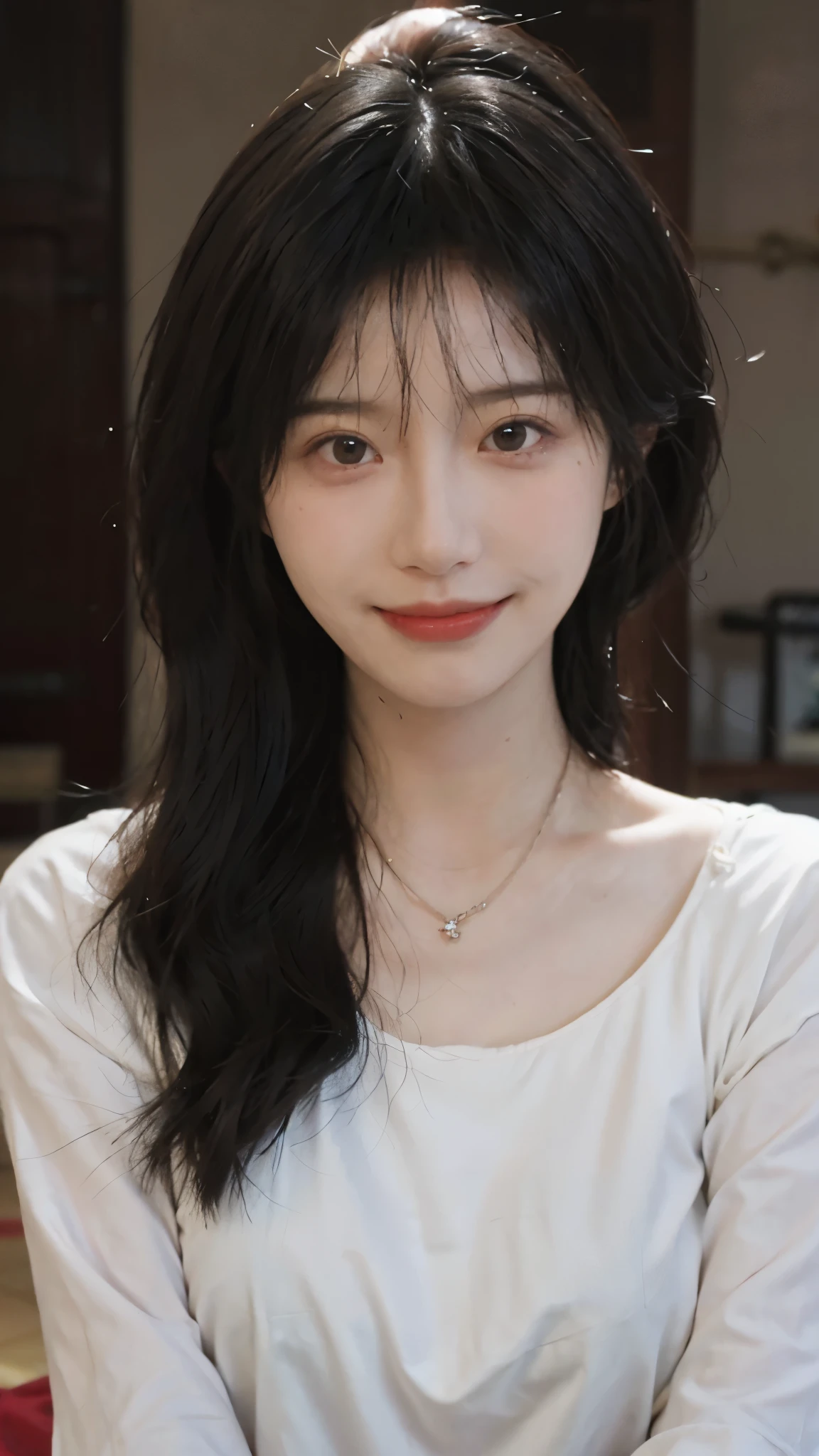 best quality, ultra high resolution, (realistically:1.4),cute hairpin,Baoyu Girl,European style apartment,A pair of clear and charming peach blossom eyes,Royal sister,The sun shines on the face,Big breasts,Big wavy hairstyle,(necklace:1.2),(White skin:1.4),a sense of atmosphere,a beautiful girl, Smile,Looking directly at the viewer, (lifelike:1.4),1 girl,Sexy,(Upper body:1.4),(wet),(:1.2)