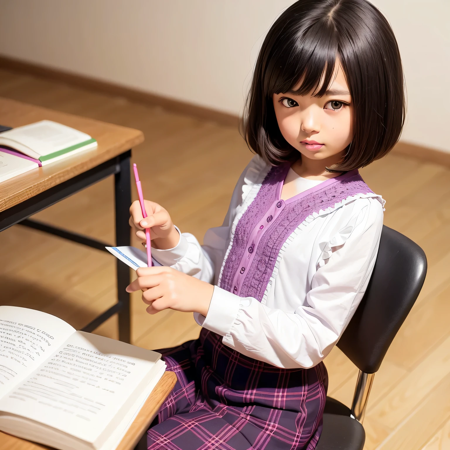 A very elementary school student is writing a letter at his desk..、realistic pictures ,masterpiece, highest quality、Spreading black hair、bob cut with trimmed ends、(flat chest)、girl'my room、flower wallpaper、10 years old、pink and purple frilled one-piece costume、see letter、