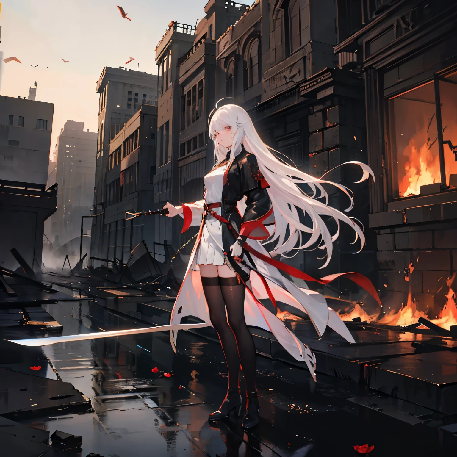 Assassins, in the city of Babylon, fog, a thin sword, white hair, medium length hair, standing on one of the destroyed houses, fire, high resolution, boy 1, modern clothes, in a dark fantasy world, a lake in a red rose, reflection 