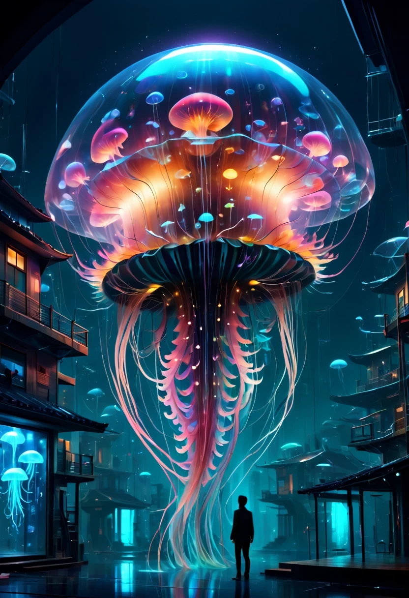 The jellyfish pavilion of the future,Mechanical水母亭子,Sci-Fi Jellyfish House,Surreal jellyfish architecture,bioMechanical style Ultra detailed illustrations, phantom magical creature, (Translucent skin: 1.5), (translucent body: 1.5) multiple sclerosis. scif'Art, neon lights, light particles, color, cmyk color, backlight, cyberpunk, close up, Mechanical, (whole body: 1.9), dark background, View from top to bottom. blend of organic and Mechanical elements, futuristic, cybernetic, detailed, complicated,Selective focus, Miniature effects, blurred background, highly detailed, Energetic, View control,(Rich color:1.6),