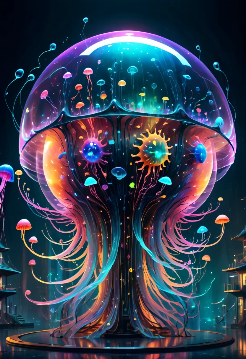 The jellyfish pavilion of the future,Mechanical水母亭子,Sci-Fi Jellyfish House,Surreal jellyfish architecture,bioMechanical style Ultra detailed illustrations, phantom magical creature, (Translucent skin: 1.5), (translucent body: 1.5) multiple sclerosis. scif'Art, neon lights, light particles, color, cmyk color, backlight, cyberpunk, close up, Mechanical, (whole body: 1.9), dark background, View from top to bottom. blend of organic and Mechanical elements, futuristic, cybernetic, detailed, complicated,Selective focus, Miniature effects, blurred background, highly detailed, Energetic, View control,(Rich color:1.6),