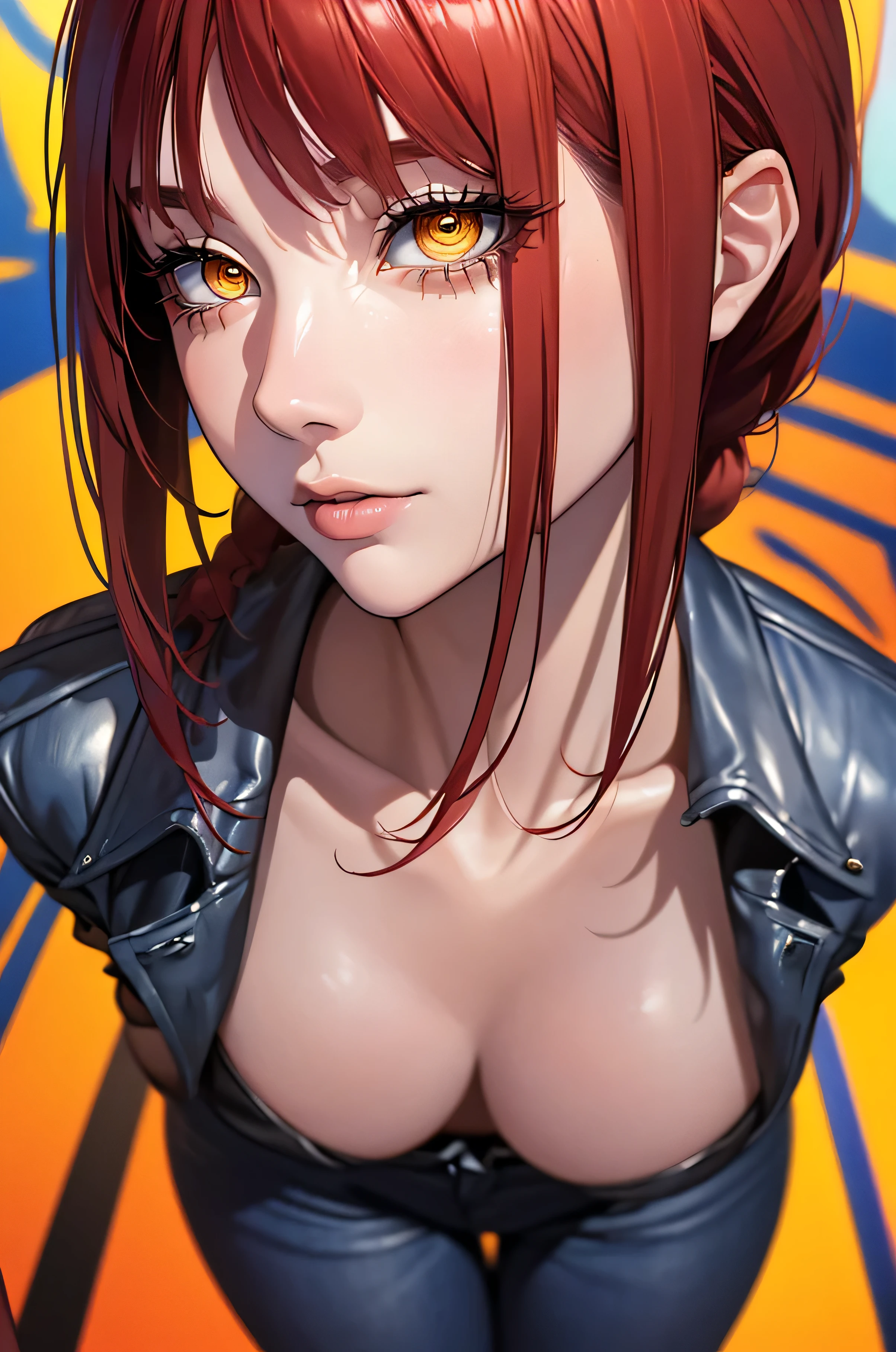 masterpiece, best quality, (extremely detailed CG unity 8k wallpaper, masterpiece, best quality, ultra-detailed, best shadow), (detailed background), (beautiful detailed face, beautiful detailed eyes), High contrast, (best illumination, an extremely delicate and beautiful),1girl,((colourful paint splashes on transparent background, dulux,)), ((caustic)), dynamic angle,beautiful detailed glow,full body, paint splash on face. close up of a woman, anime girl with red long hair and blue jeans posing for a picture, realistic anime 3 d style, android 18, seductive anime girl, anime realism style, attractive anime girl,beautiful alluring anime woman, looking like Makima
