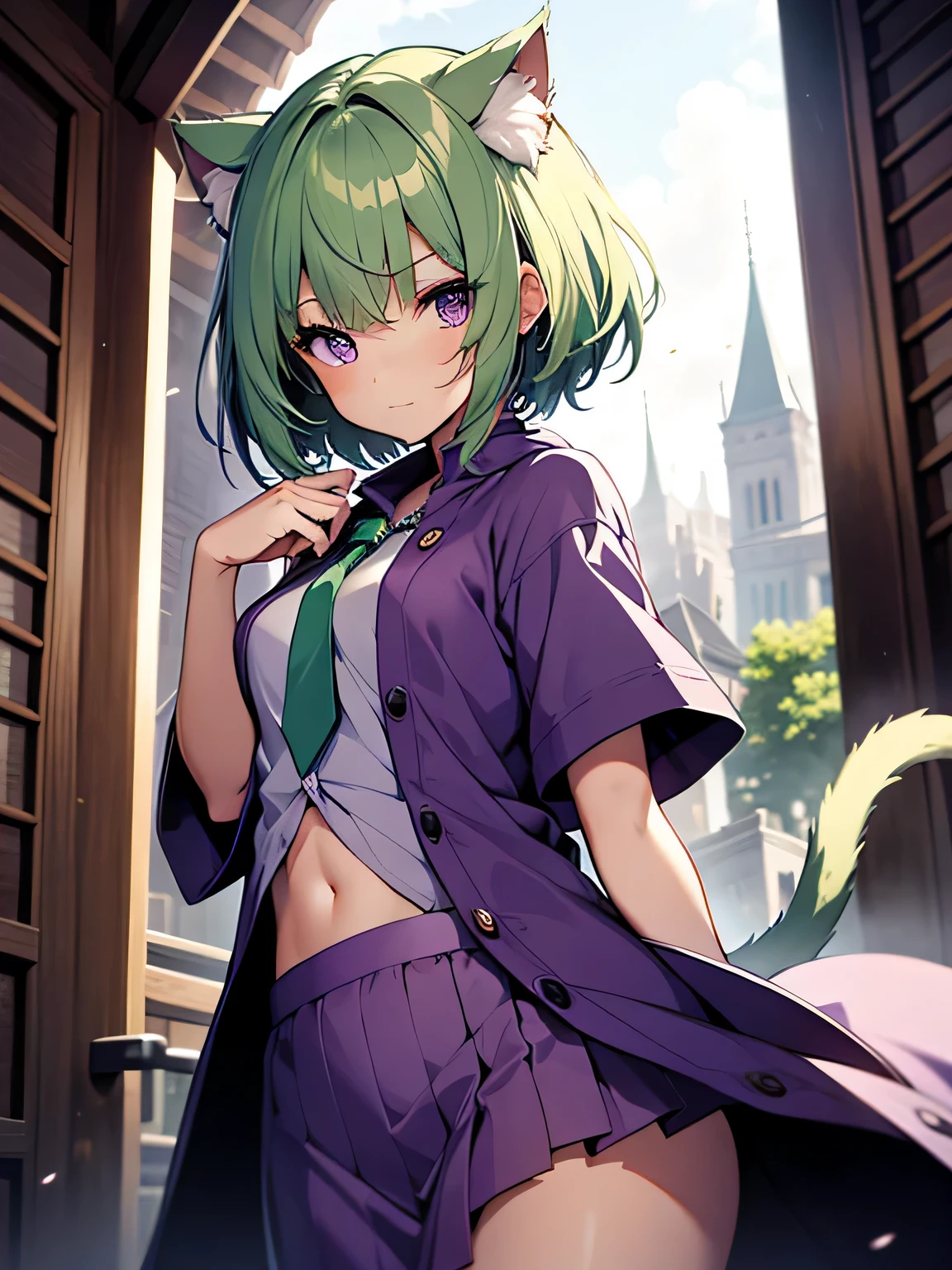 highest quality、very delicate and beautiful、(teenage girl)、purple eyes、(green hair)、(short hair)、purple tie、I、short sleeve、purple skirt、purple wizard&#39;robe of、navel cat、((Cat ear))