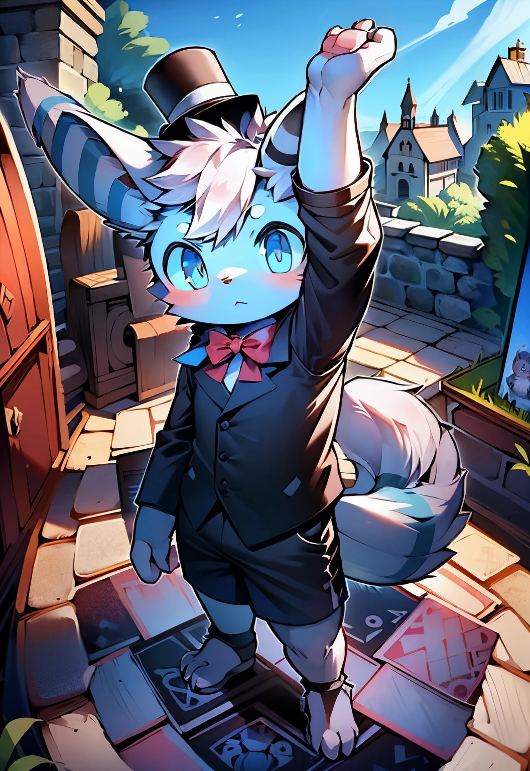 masterpiece, high quality, number \(artwork\),(fluffy fur,Character focus:1.1), MEOWSTIC_male,whole body, Shota，little boy，juvenile，proudly，Bright Eyes,panoramic,gothic style，castle，Character focus.(Detailed background:1.2),alone,hairy的 male ,male焦点,Hana Charcoal,eyes are very bright, (Cats，shirt，shorts，Garter stockings，Top hat：1.2）panoramic, Character Focus Solo, hairy, hairy的Shota,blue eyes，young style，charming，noble