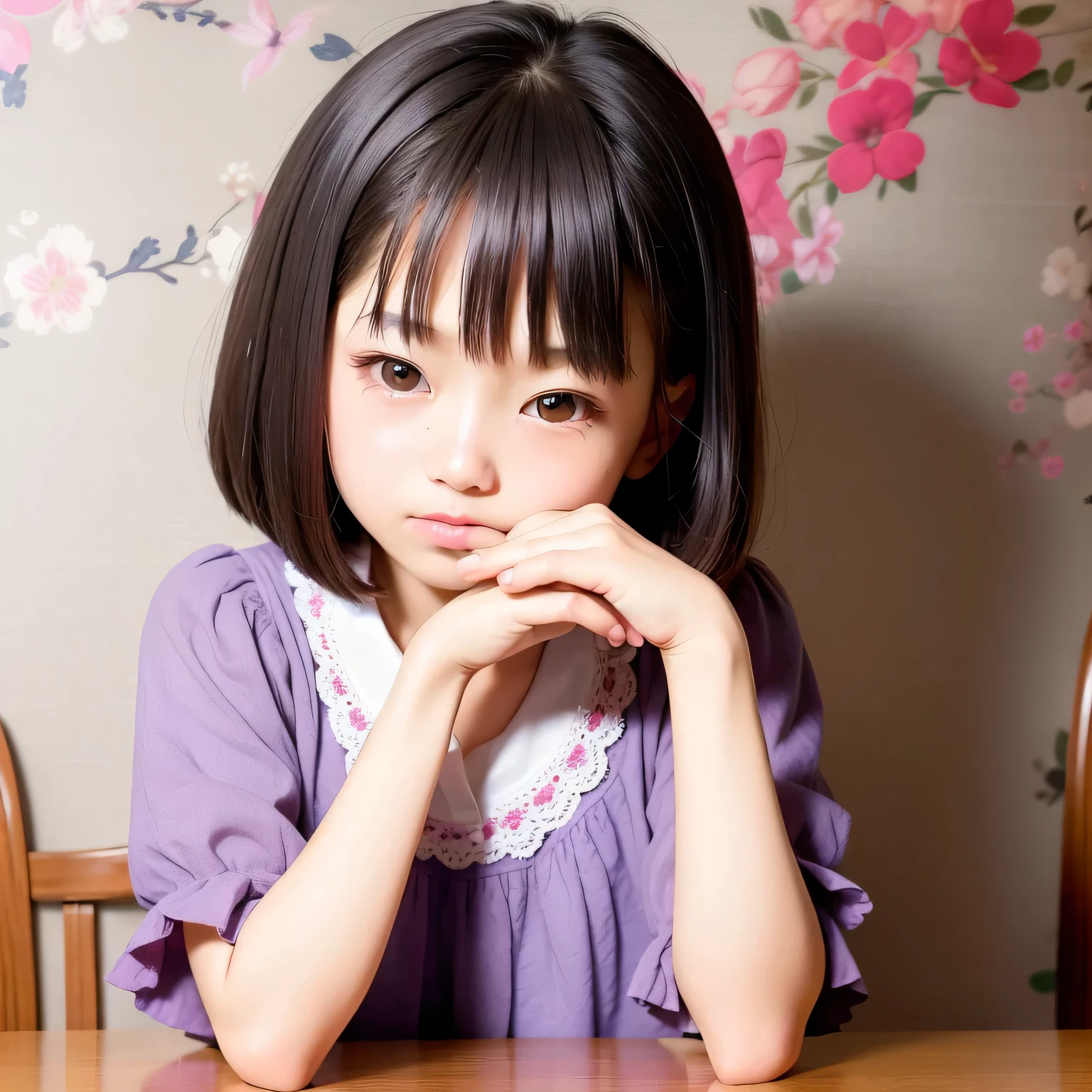 A is writing a letter at his desk..、realistic pictures ,masterpiece, highest quality、Spreading black hair、bob cut with trimmed ends、(flat chest)、girl'my room、flower wallpaper、10 years old、pink and purple fiece costume、see letter、