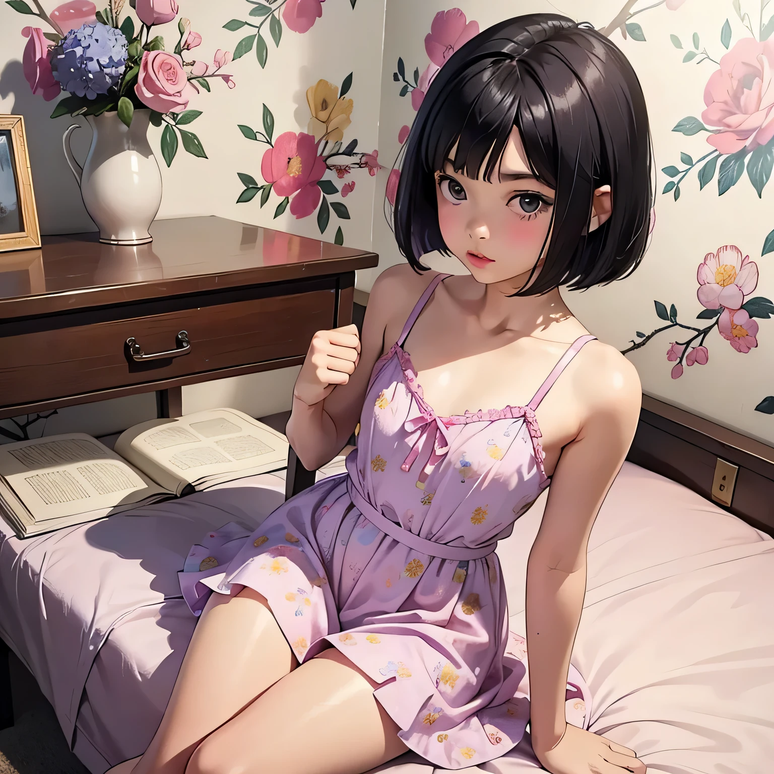 A  is sitting at a desk and writing a letter..、realistic pictures ,masterpiece, highest quality、Spreading black hair、bob cut with trimmed ends、(flat chest)、girl&#39;my room、flower wallpaper、10 years old、pink and purple fiece costume、see letter、