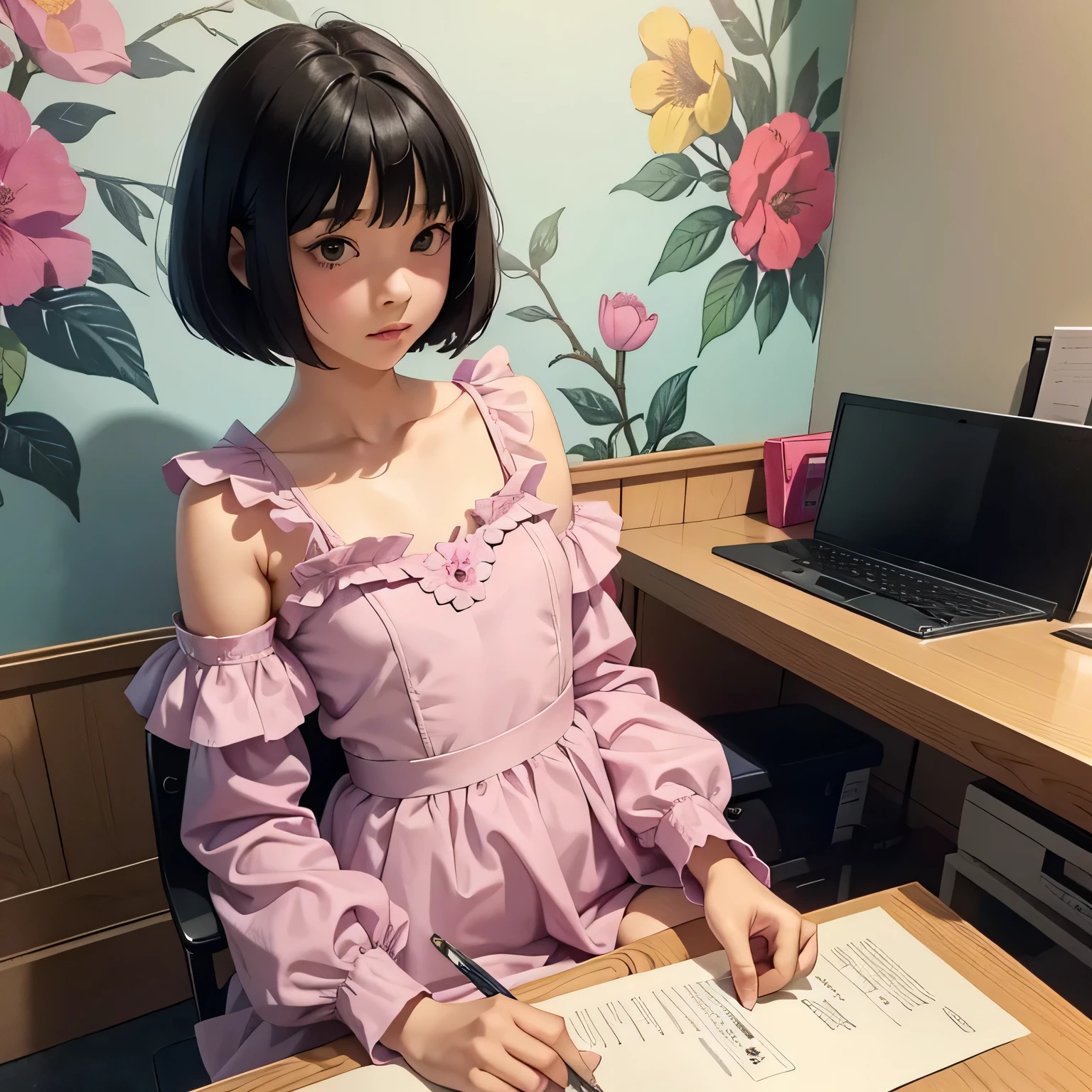 A very elementary school student is sitting at a desk and writing a letter..、realistic pictures ,masterpiece, highest quality、Spreading black hair、bob cut with trimmed ends、(flat chest)、girl&#39;my room、flower wallpaper、10 years old、pink and purple frilled one-piece costume、see letter、